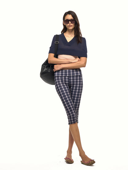 NyDkyel Vintage Plaid Print Slit Hem Capri Women&