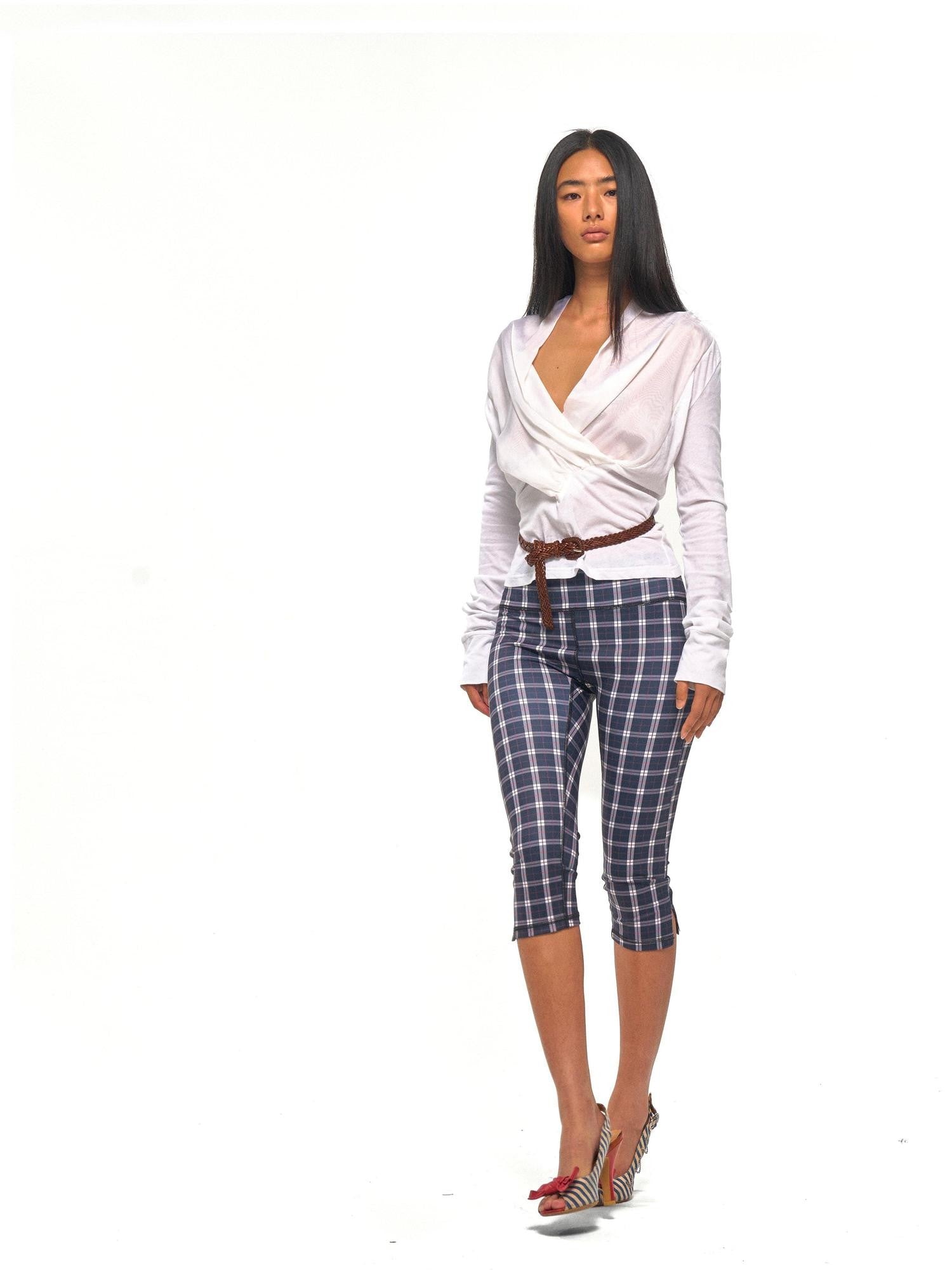 NyDkyel Vintage Plaid Print Slit Hem Capri Women&