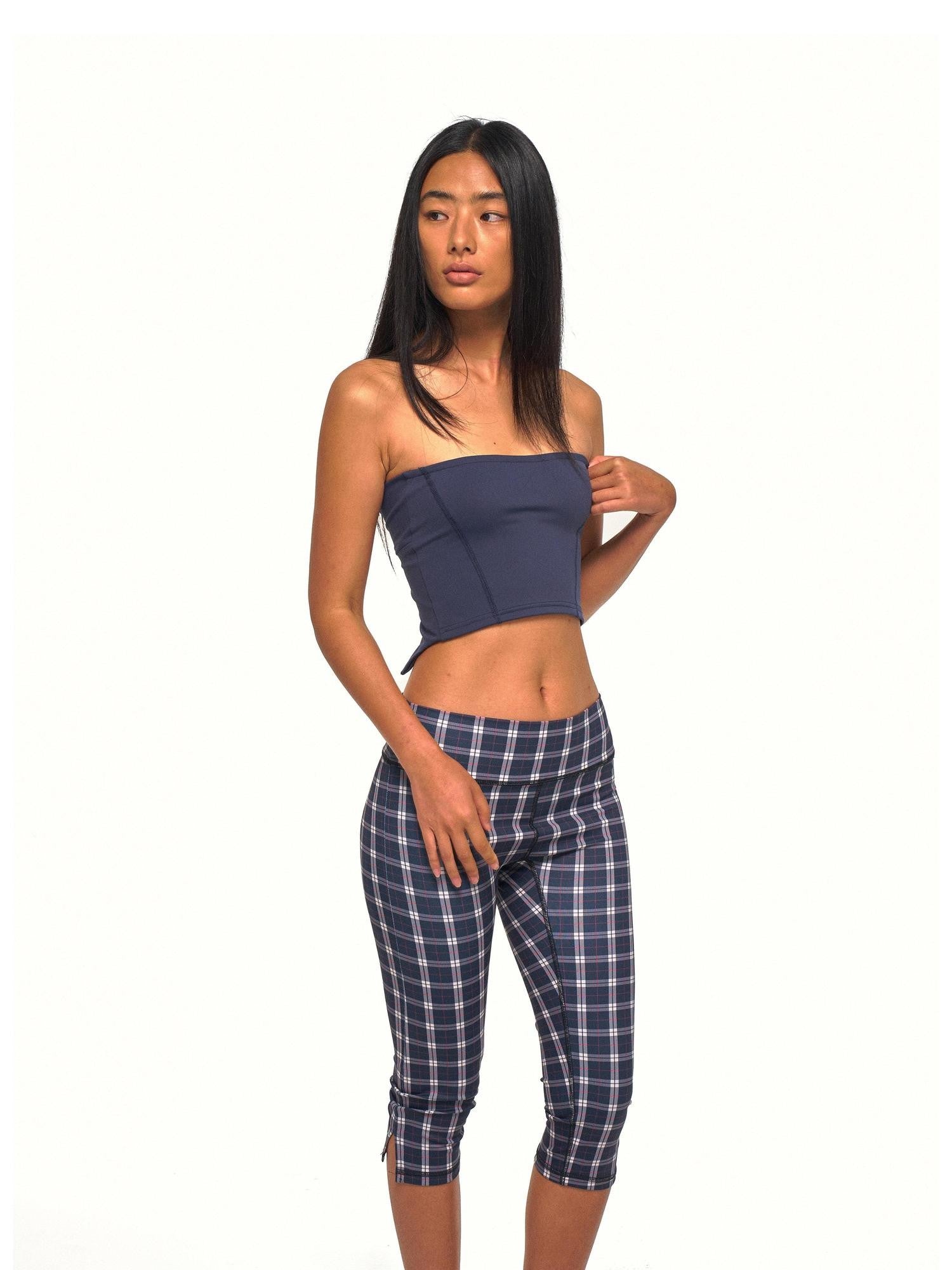 NyDkyel Vintage Plaid Print Slit Hem Capri Women&