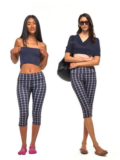 NyDkyel Vintage Plaid Print Slit Hem Capri Women&