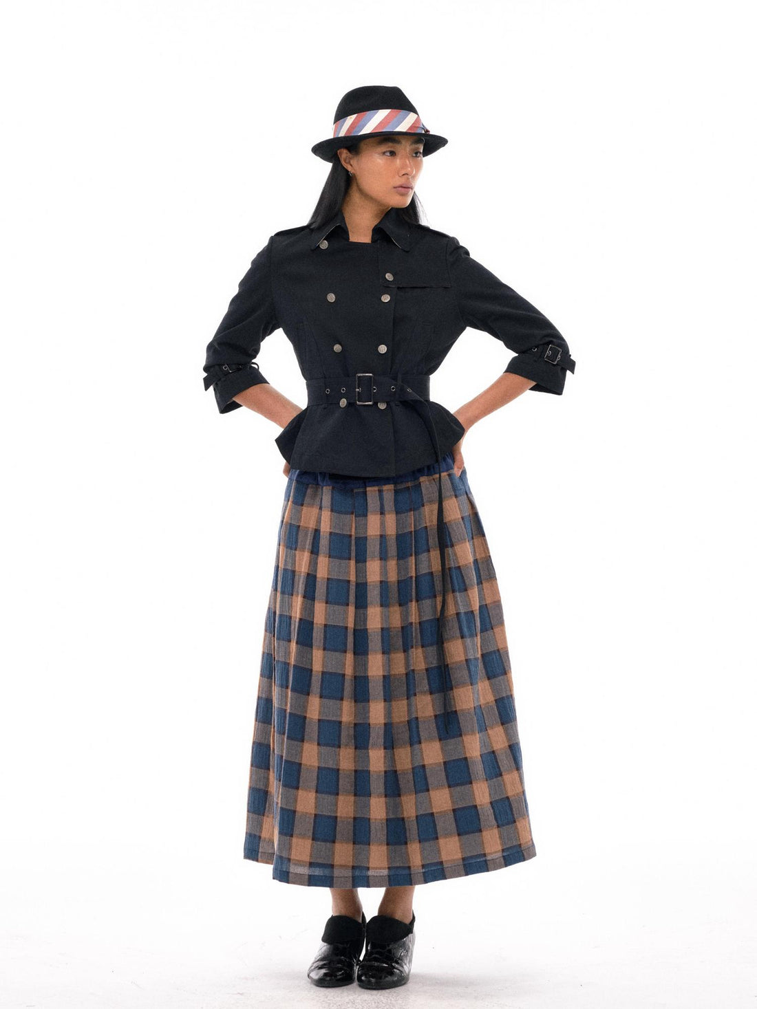 NyDkyel Vintage Washed Cotton Blue Yellow Plaid Skirt With Elastic Waist