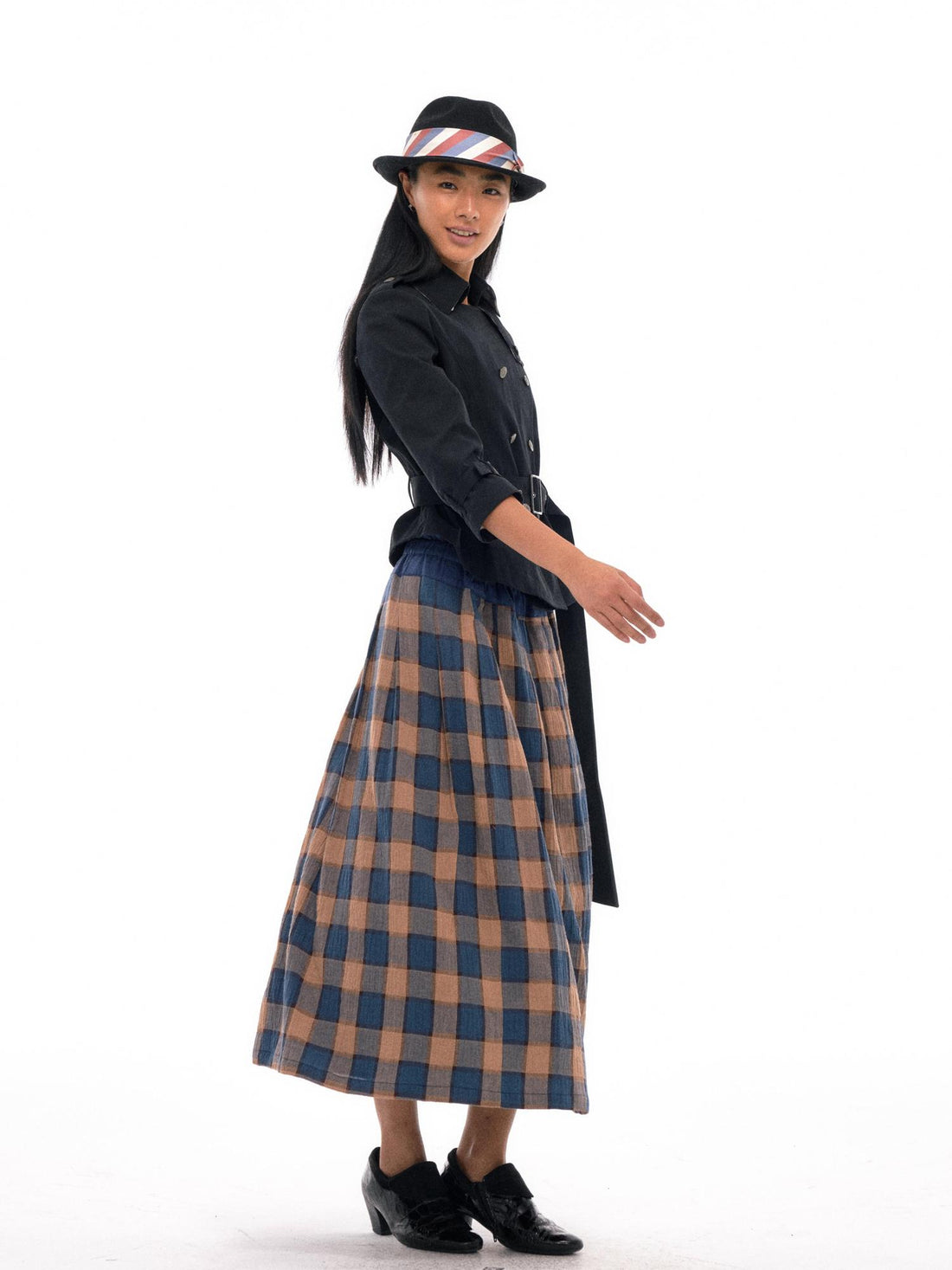 NyDkyel Vintage Washed Cotton Blue Yellow Plaid Skirt With Elastic Waist