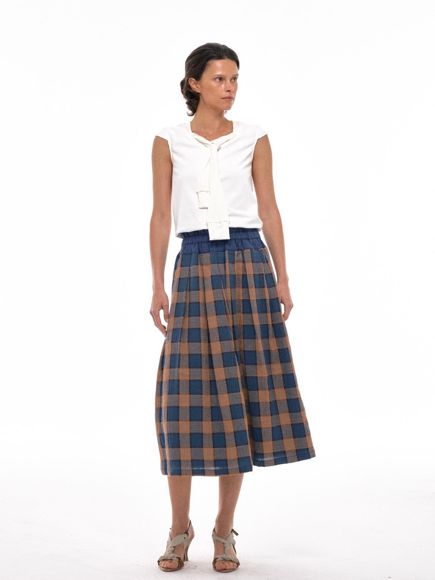NyDkyel Vintage Washed Cotton Blue Yellow Plaid Skirt With Elastic Waist