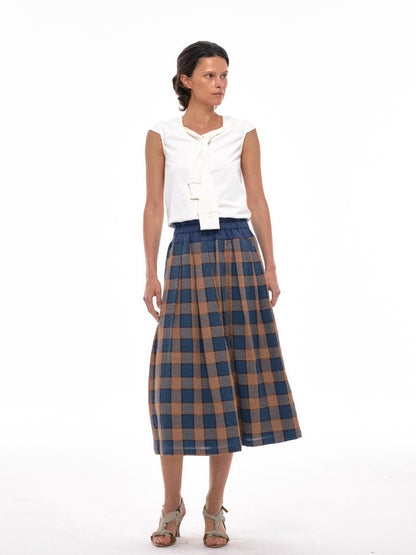 NyDkyel Vintage Washed Cotton Blue Yellow Plaid Skirt With Elastic Waist