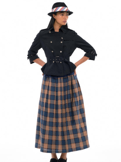 NyDkyel Vintage Washed Cotton Blue Yellow Plaid Skirt With Elastic Waist
