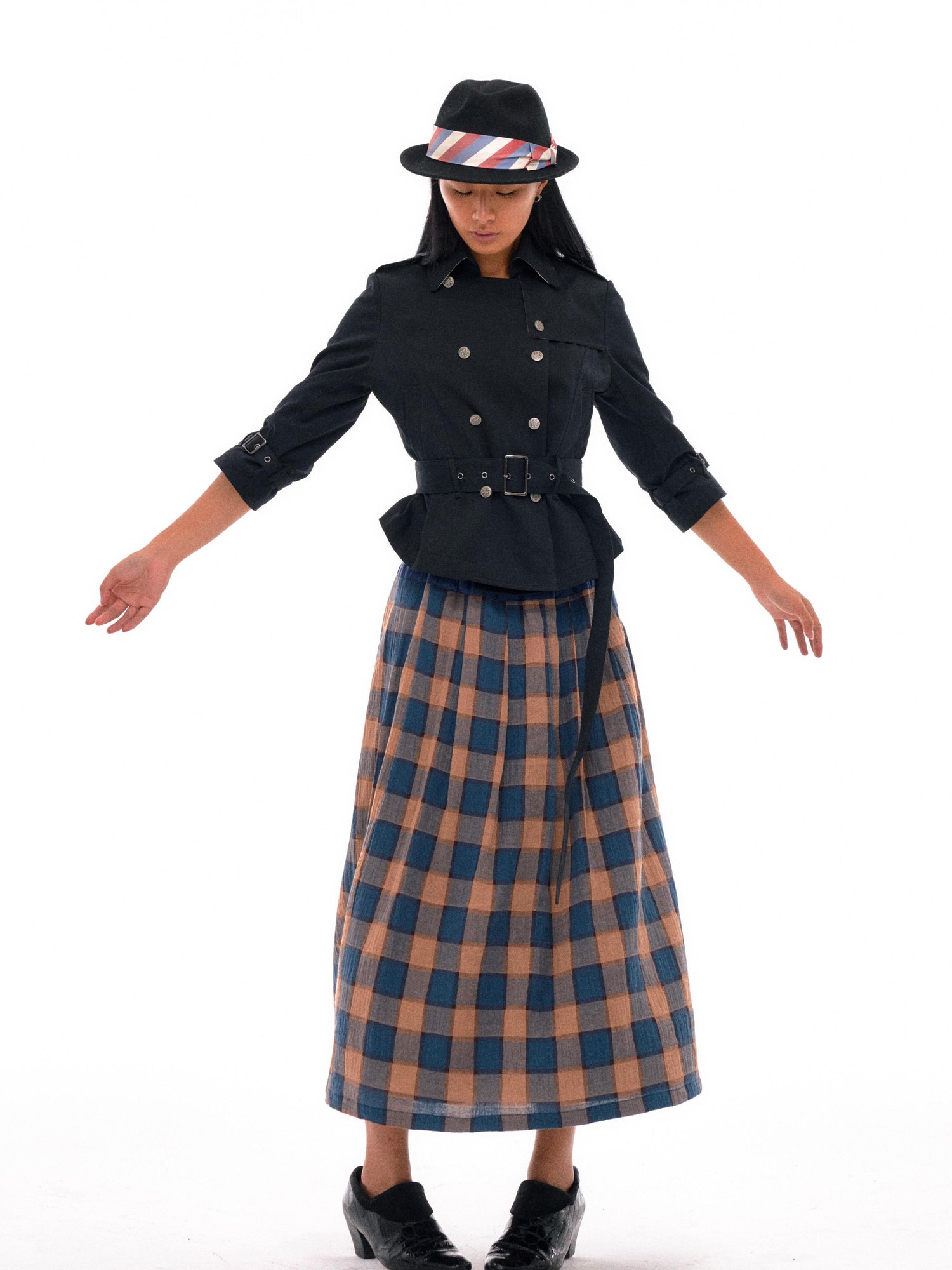 NyDkyel Vintage Washed Cotton Blue Yellow Plaid Skirt With Elastic Waist