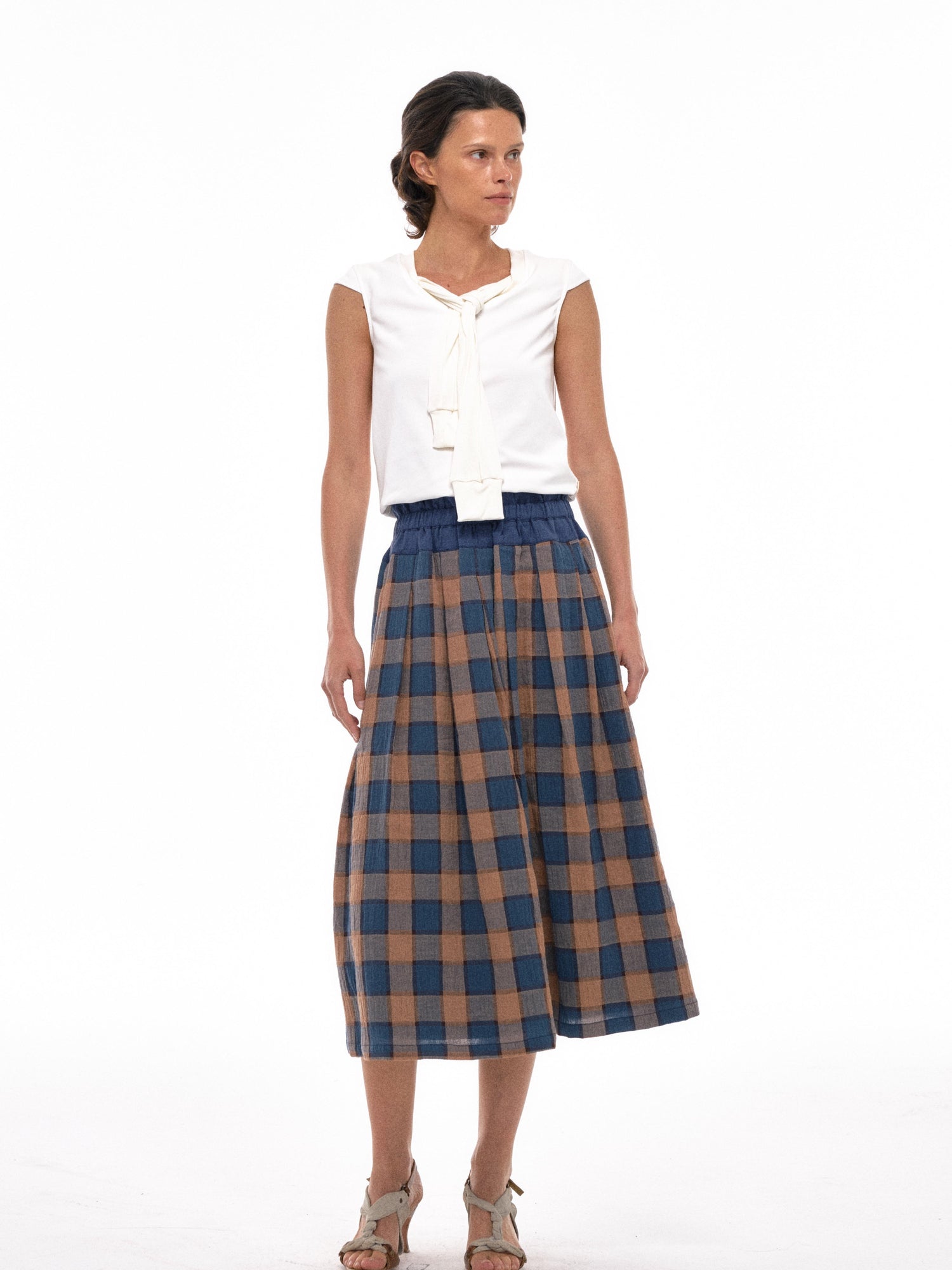 NyDkyel Vintage Washed Cotton Blue Yellow Plaid Skirt With Elastic Waist