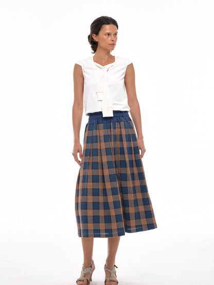 NyDkyel Vintage Washed Cotton Blue Yellow Plaid Skirt With Elastic Waist