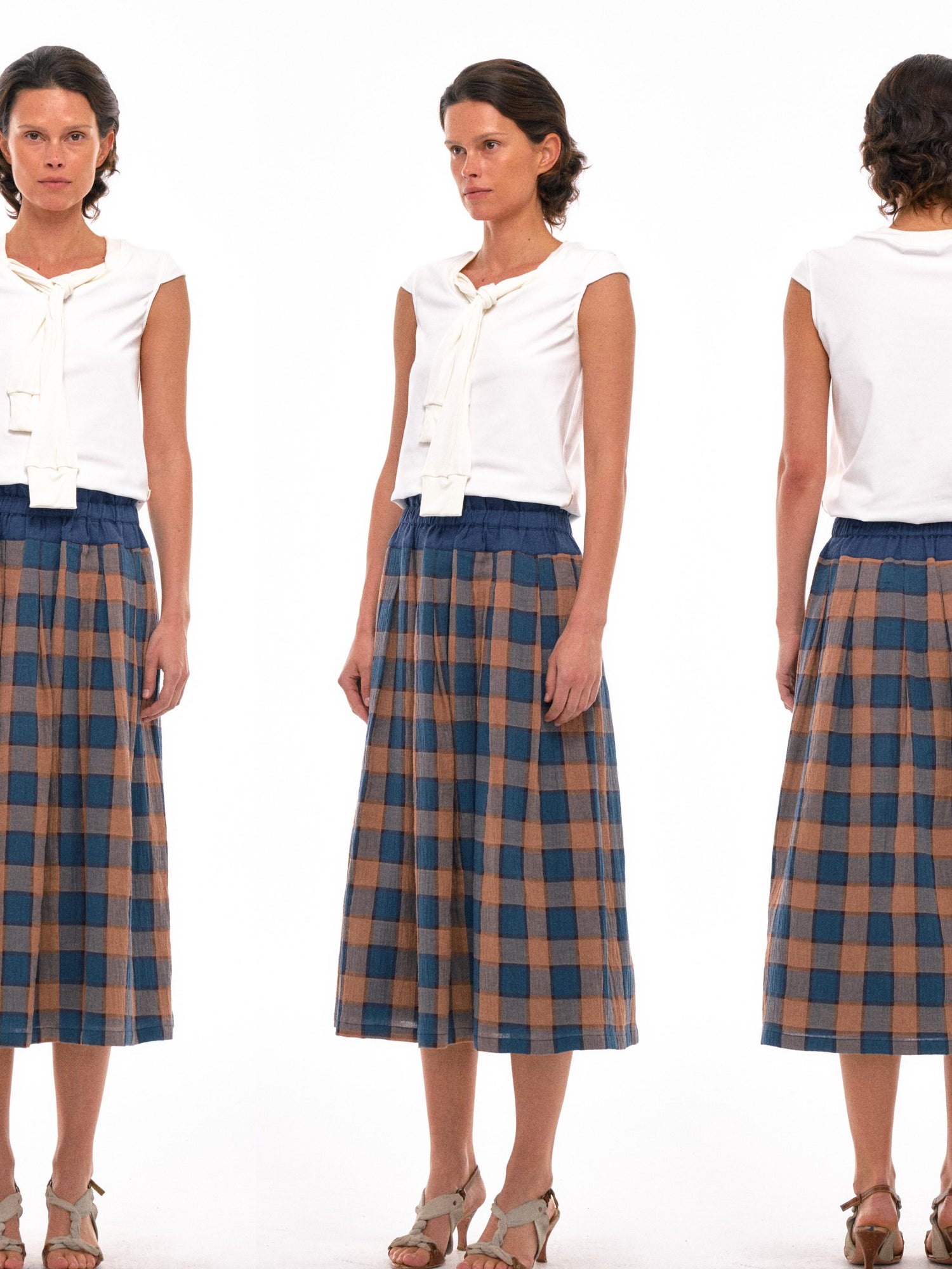 NyDkyel Vintage Washed Cotton Blue Yellow Plaid Skirt With Elastic Waist