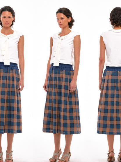 NyDkyel Vintage Washed Cotton Blue Yellow Plaid Skirt With Elastic Waist