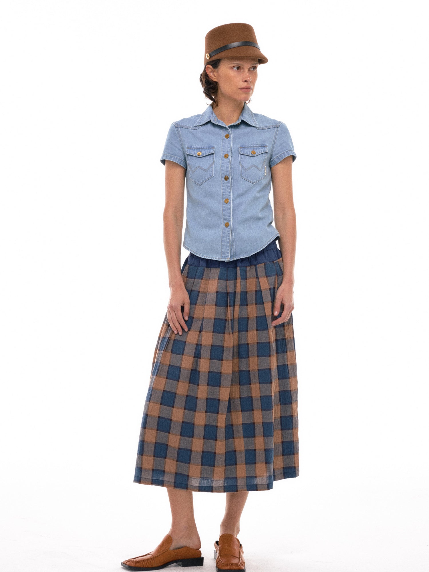NyDkyel Vintage Washed Cotton Blue Yellow Plaid Skirt With Elastic Waist