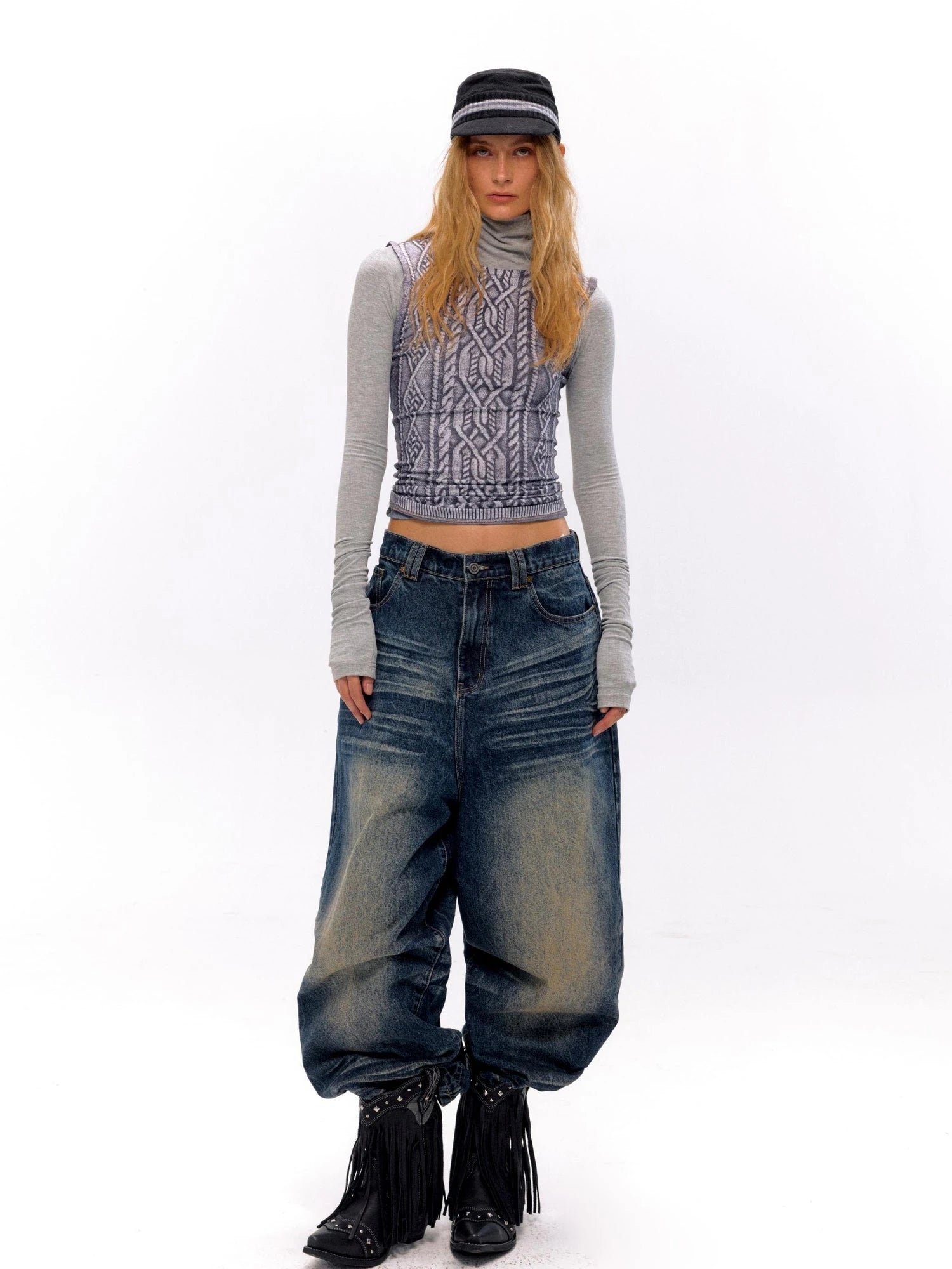 Vintage Washed Nevada Tapered Pleated Jeans
