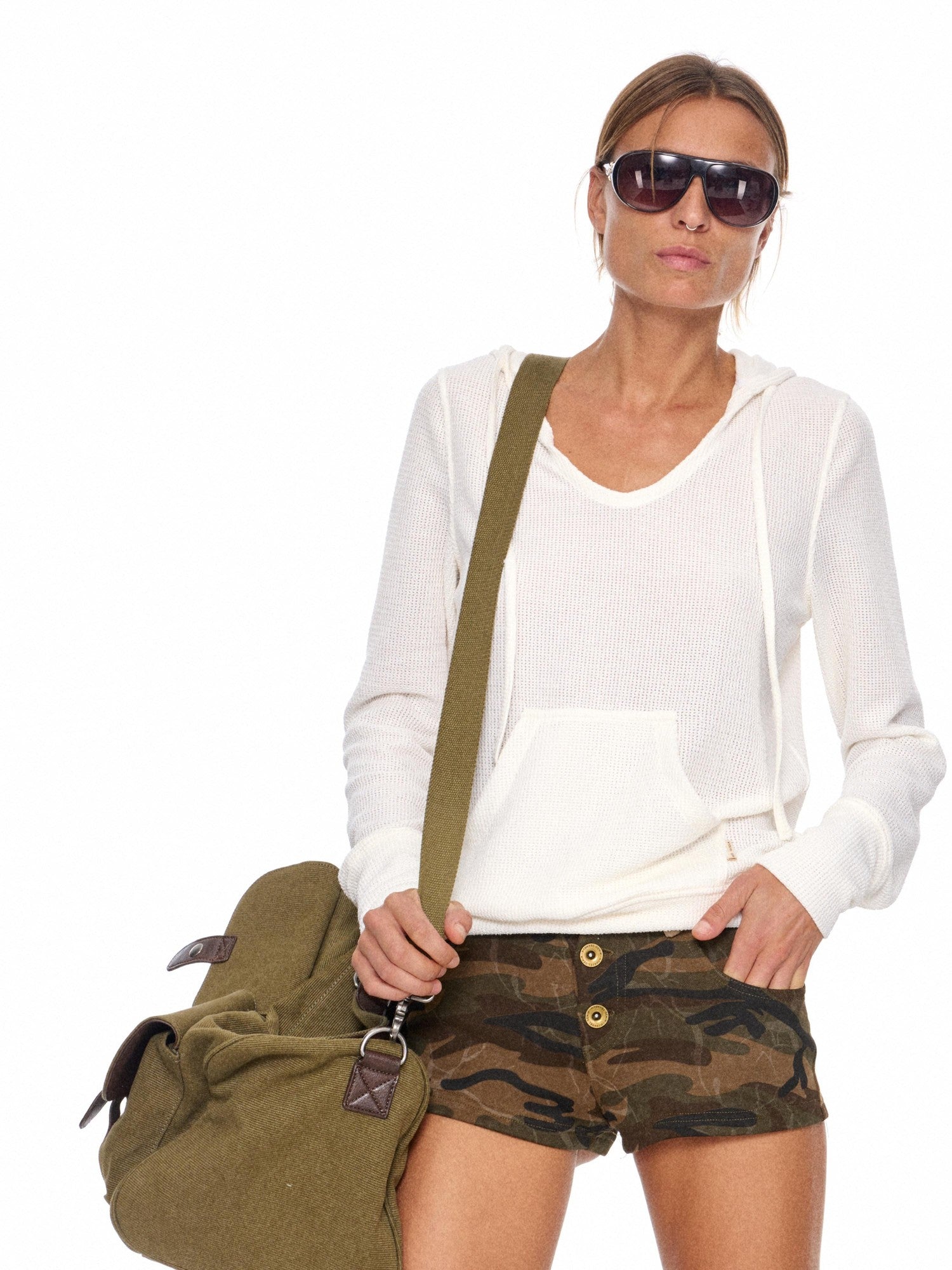 NyDkyel Waffle Hooded Pocket Drop Shoulder Women&