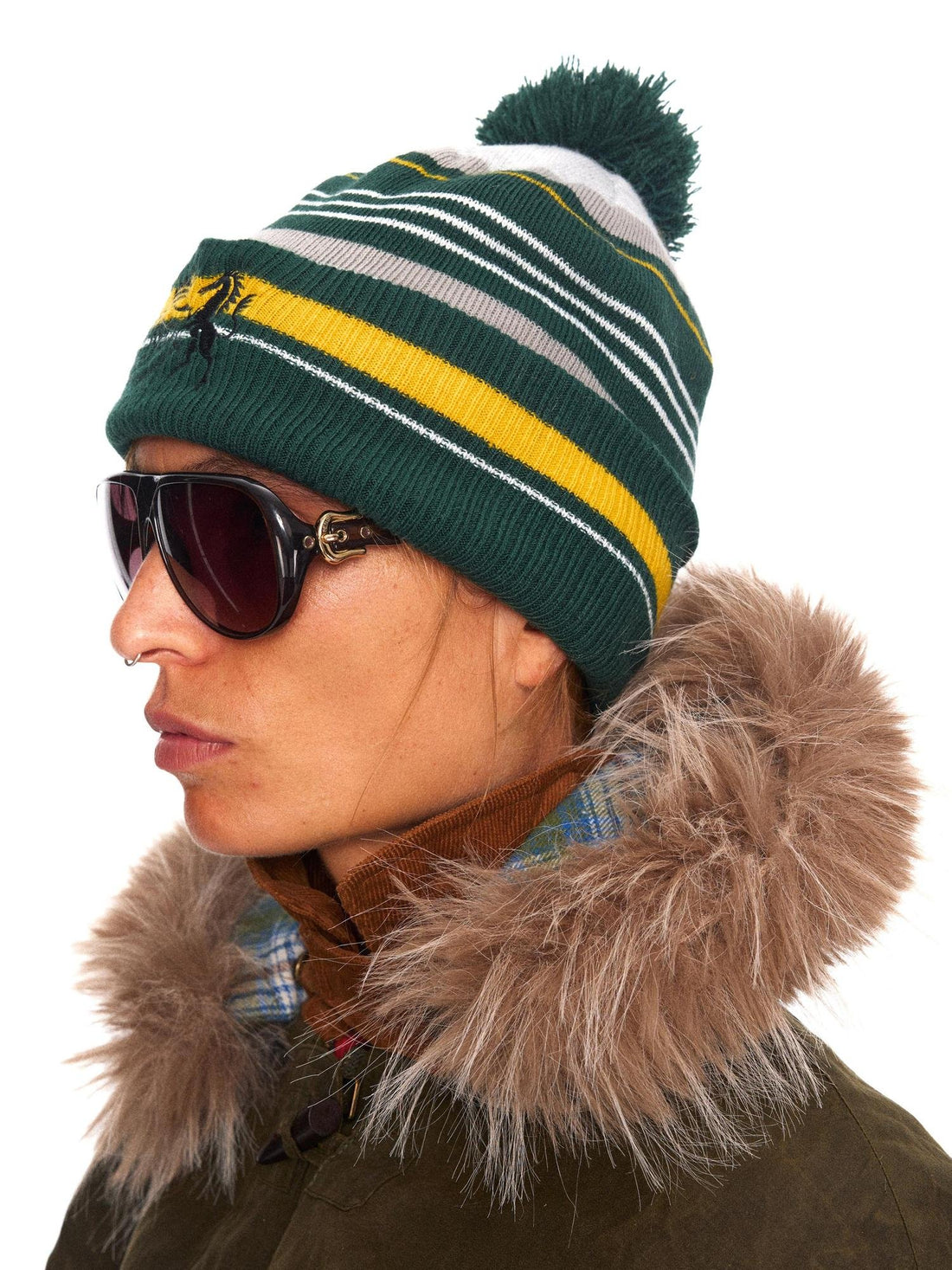 NyDkyel Warm Thick Adjustable Knit Pom Embroidered Unisex Striped Green Yellow Hat