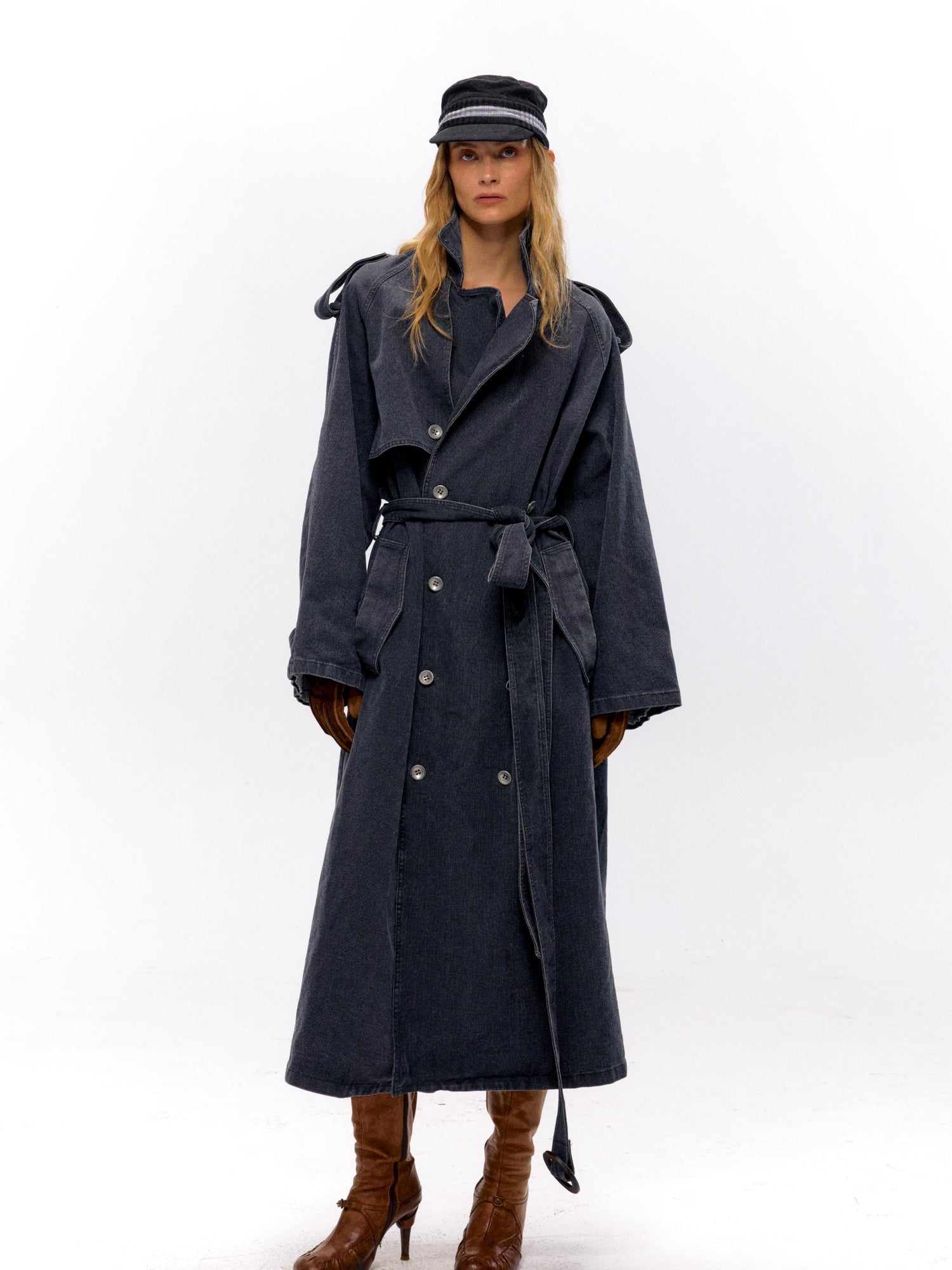 NyDkyel Washed Utility Peached Poplin Oversized Trench Coat