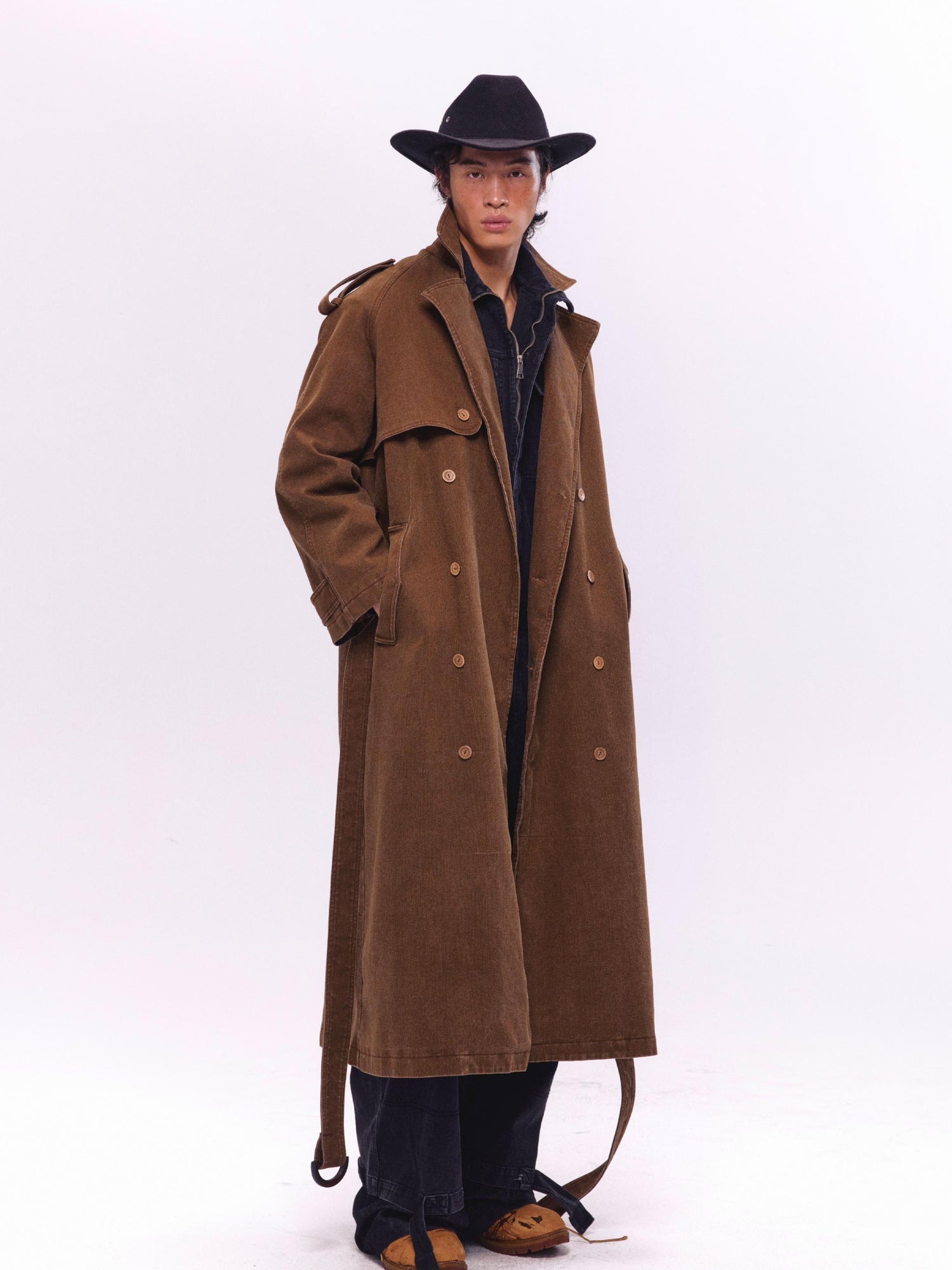 NyDkyel Washed Utility Peached Poplin Oversized Trench Coat