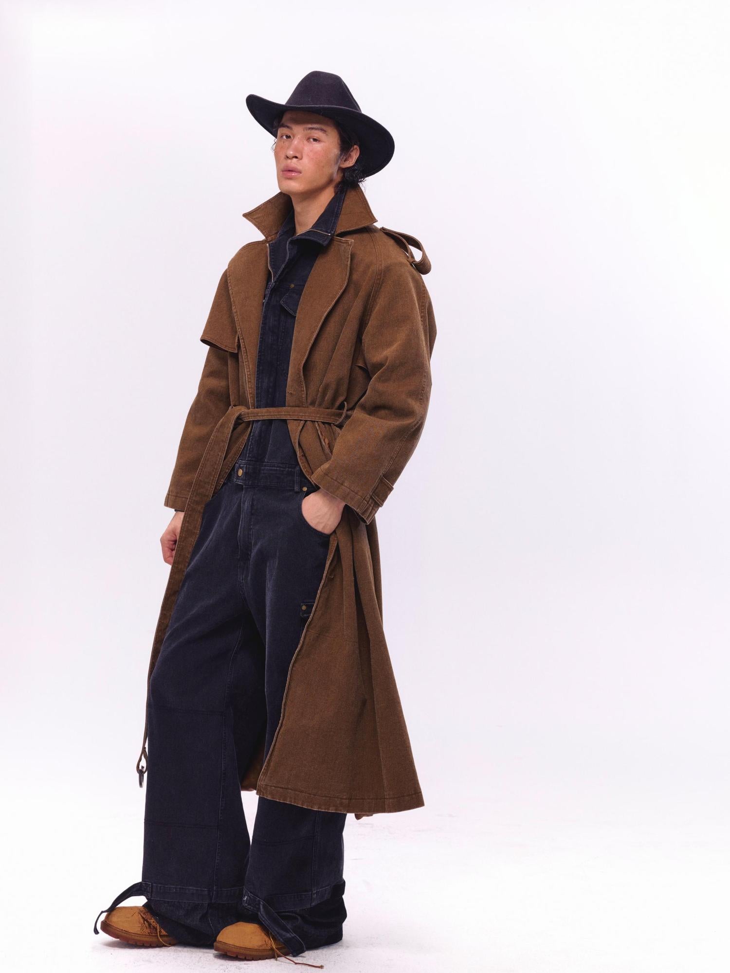 NyDkyel Washed Utility Peached Poplin Oversized Trench Coat
