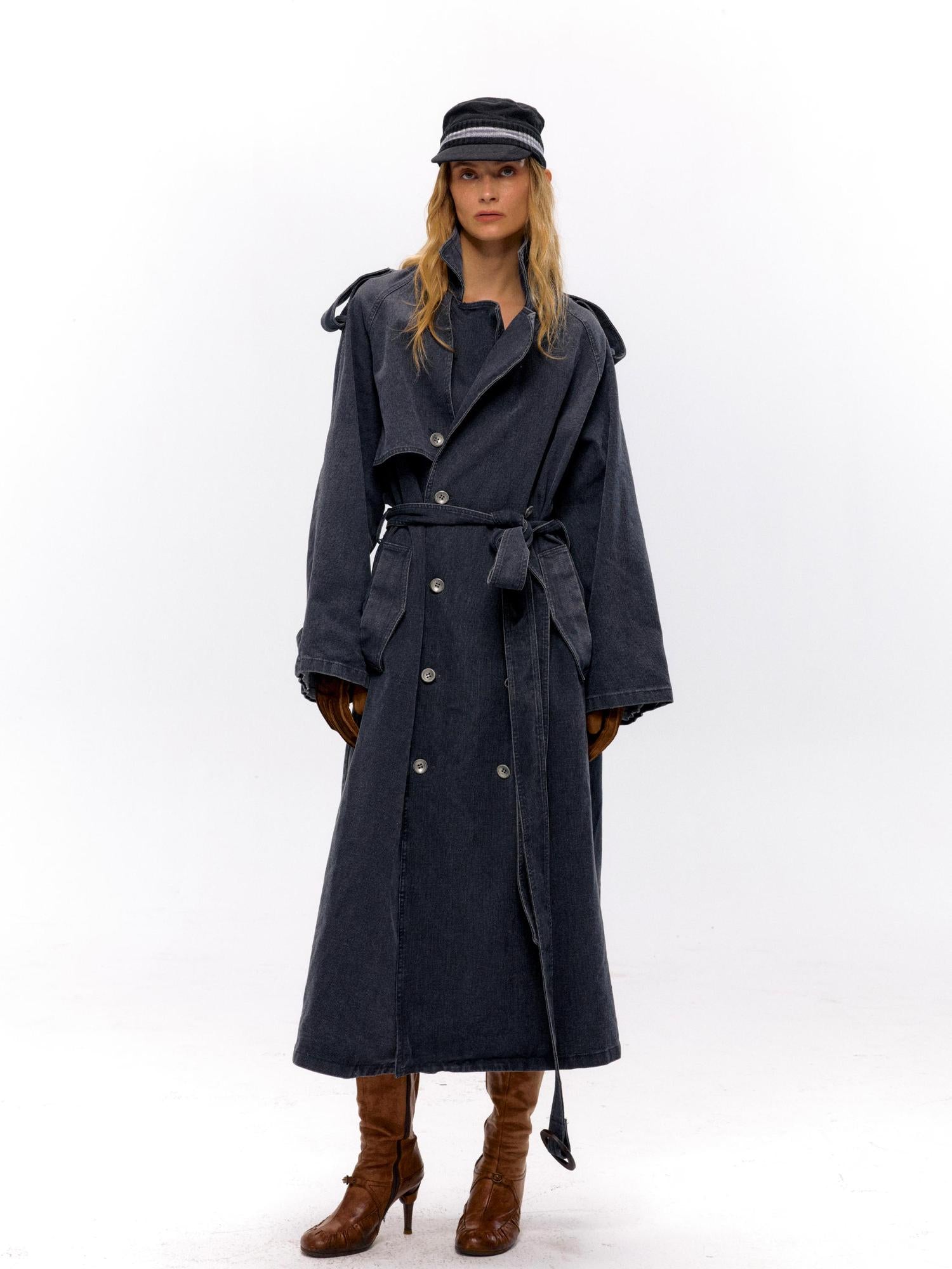 NyDkyel Washed Utility Peached Poplin Oversized Trench Coat