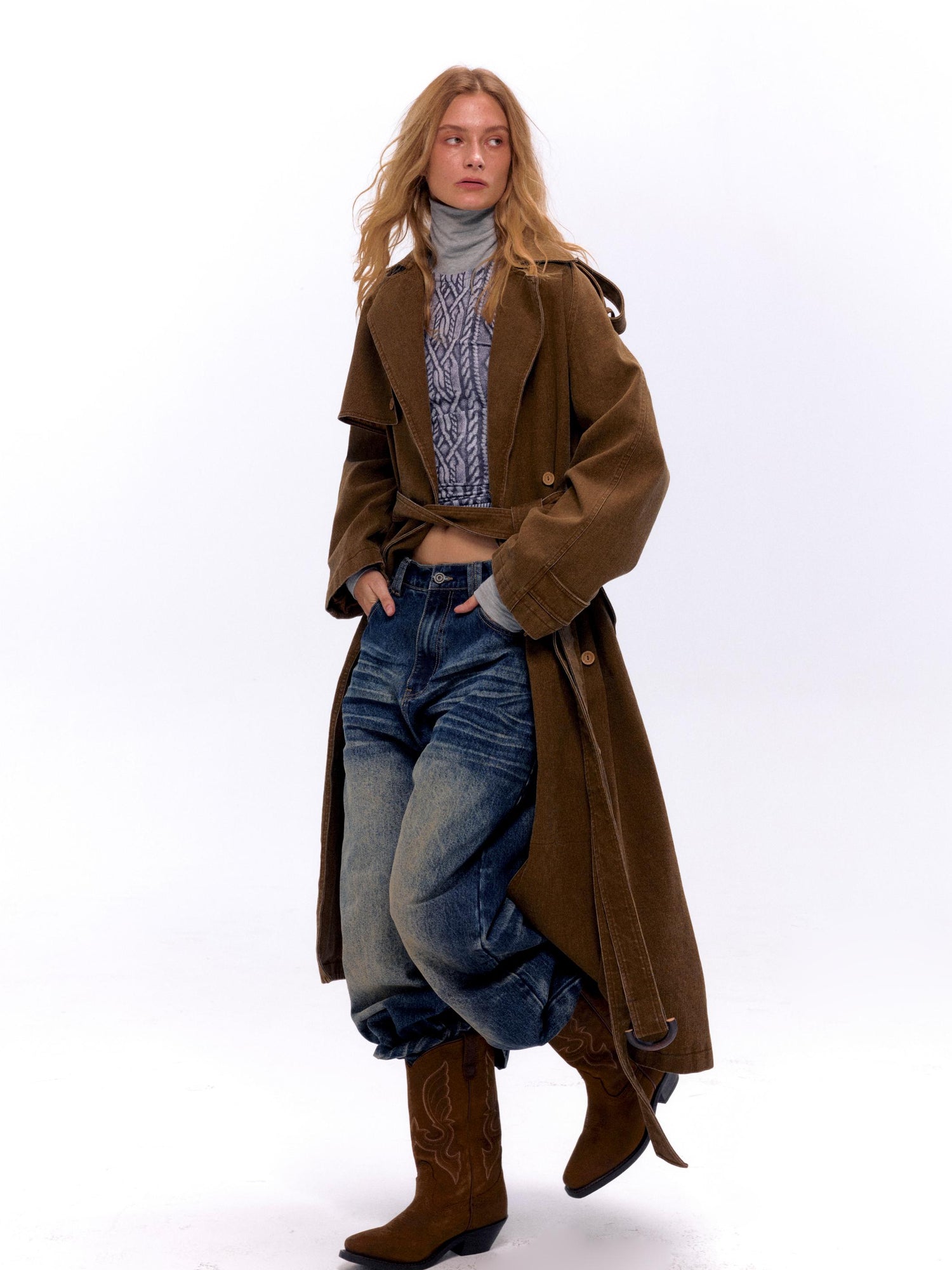 NyDkyel Washed Utility Peached Poplin Oversized Trench Coat