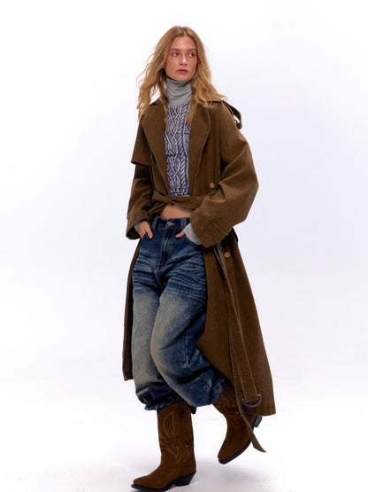 NyDkyel Washed Utility Peached Poplin Oversized Trench Coat