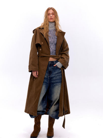 NyDkyel Washed Utility Peached Poplin Oversized Trench Coat