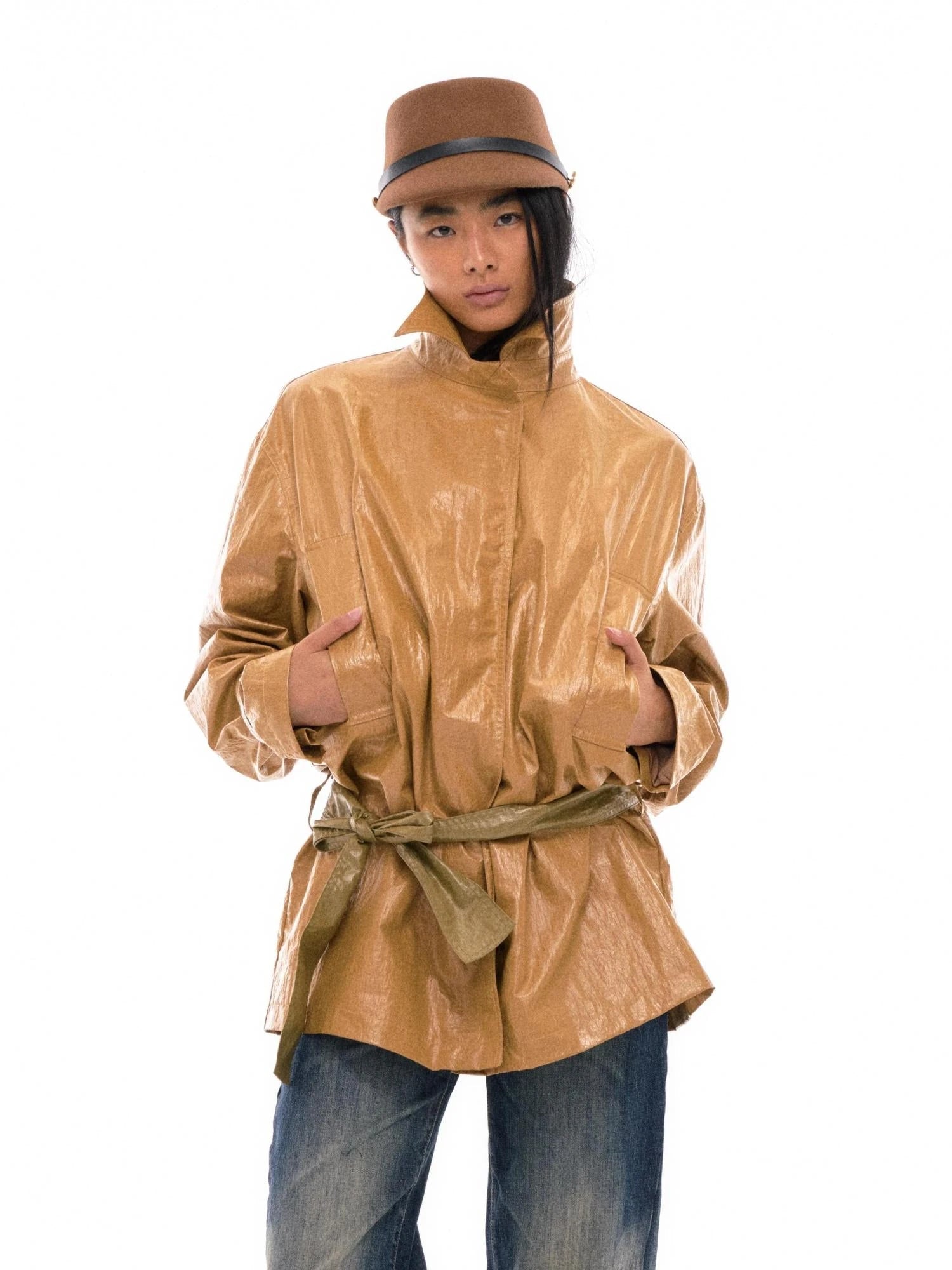 Water Resistant Trench Coat with Color Block Belt and Cuffed Sleeves