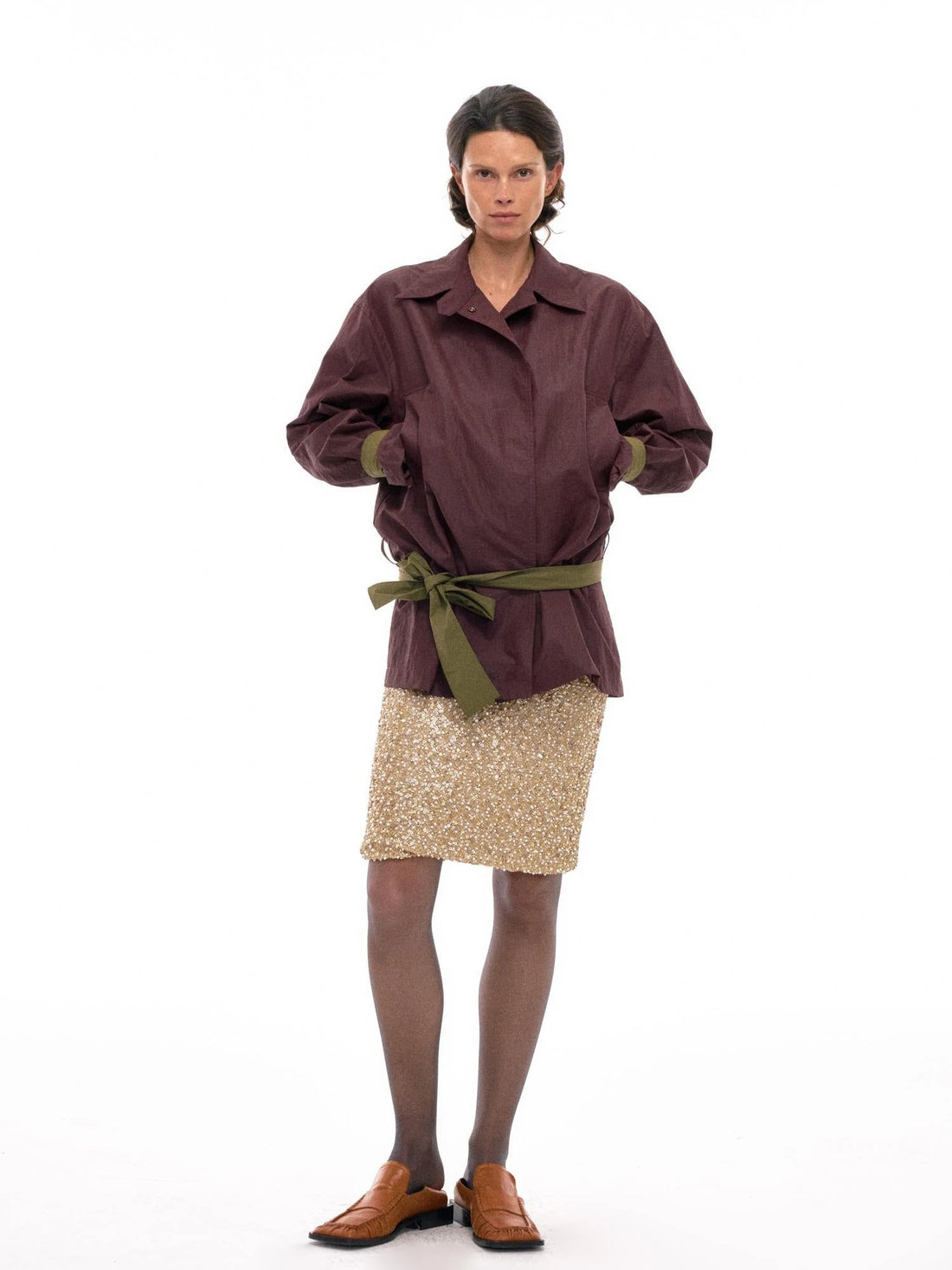 Water Resistant Trench Coat with Color Block Belt and Cuffed Sleeves