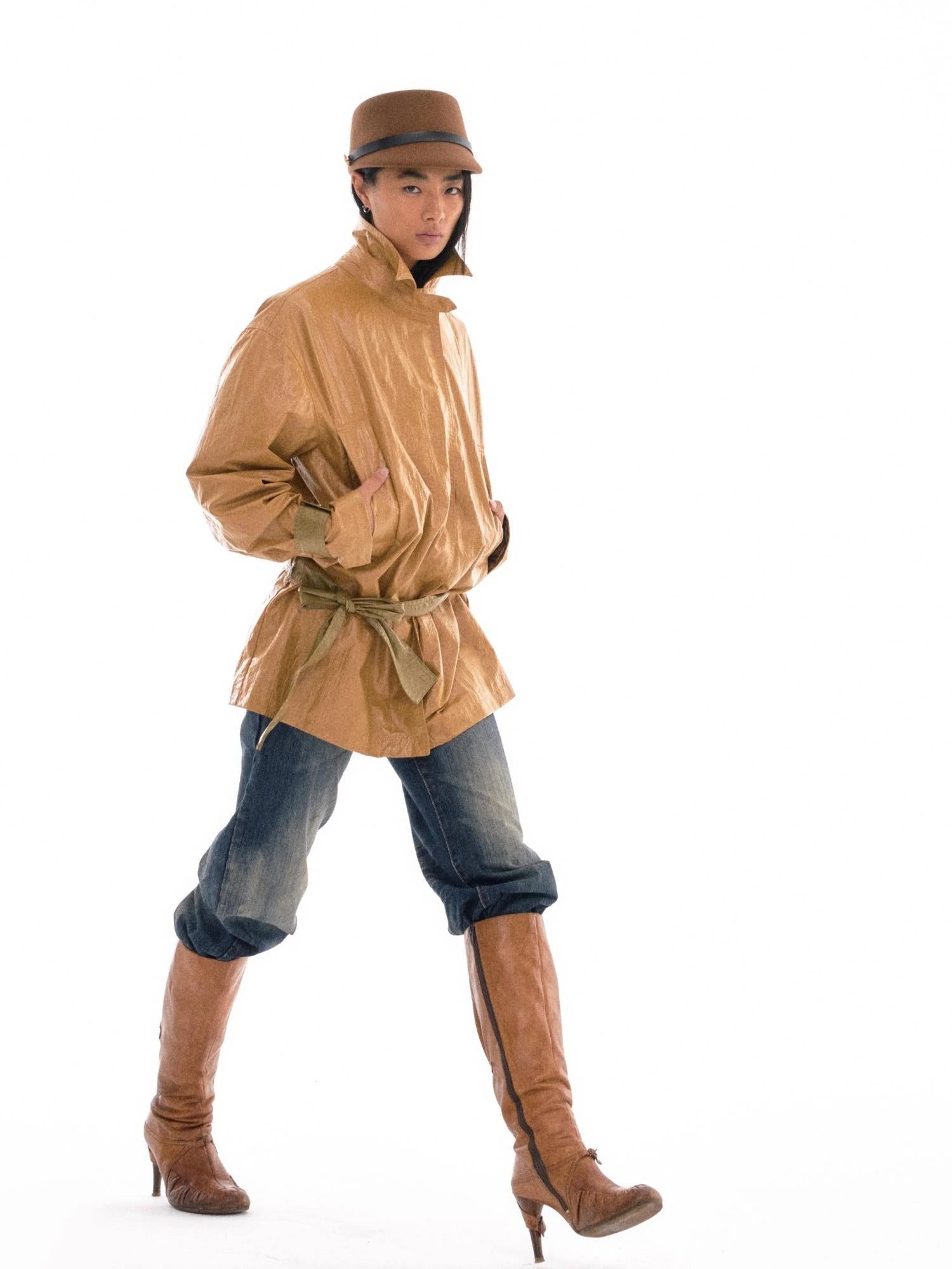 Water Resistant Trench Coat with Color Block Belt and Cuffed Sleeves