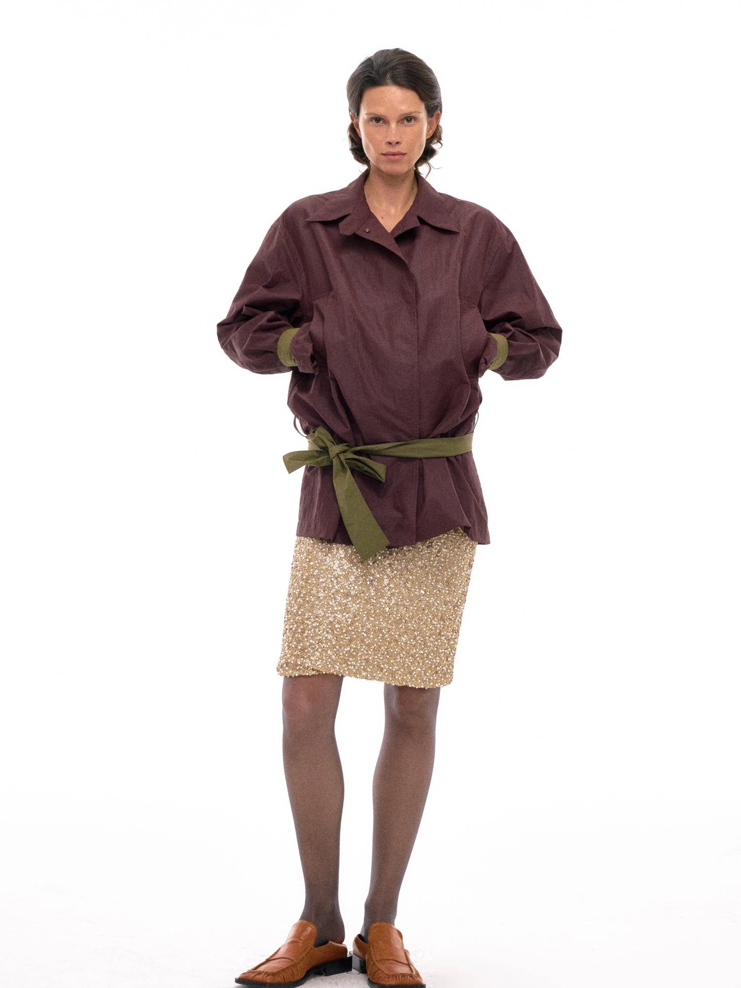 Water Resistant Trench Coat with Color Block Belt and Cuffed Sleeves