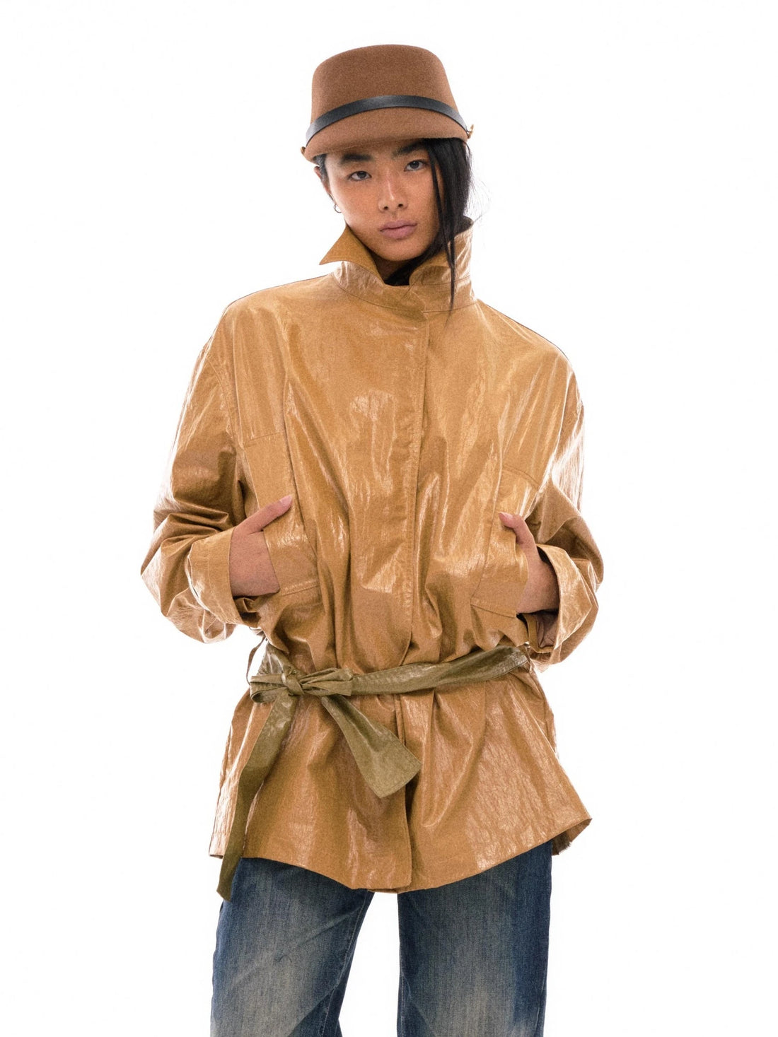 Water Resistant Trench Coat with Color Block Belt and Cuffed Sleeves