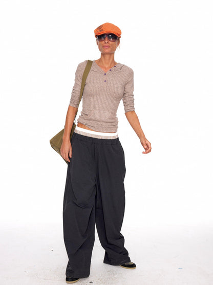 NyDkyel Waterproof Coated Nylon Double Waist Low Rise Straight Leg Hiking Unisex Pants