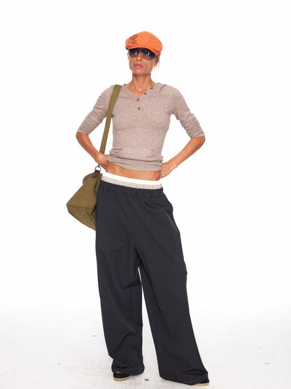 NyDkyel Waterproof Coated Nylon Double Waist Low Rise Straight Leg Hiking Unisex Pants