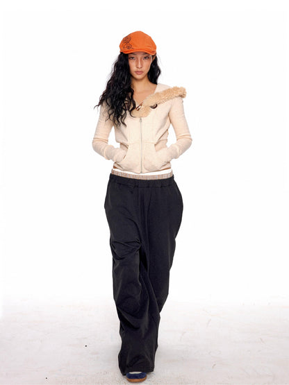 NyDkyel Waterproof Coated Nylon Double Waist Low Rise Straight Leg Hiking Unisex Pants