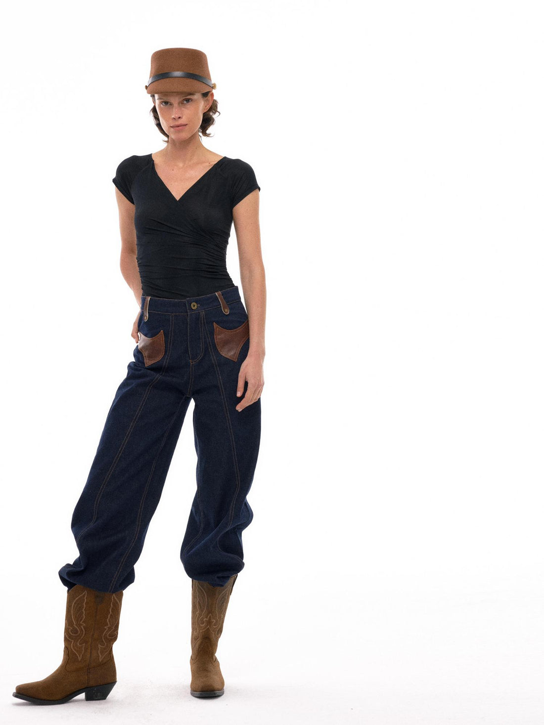 NyDkyel Western Denim With Asymmetrical Leather Patch Pockets And Teardrop Tab