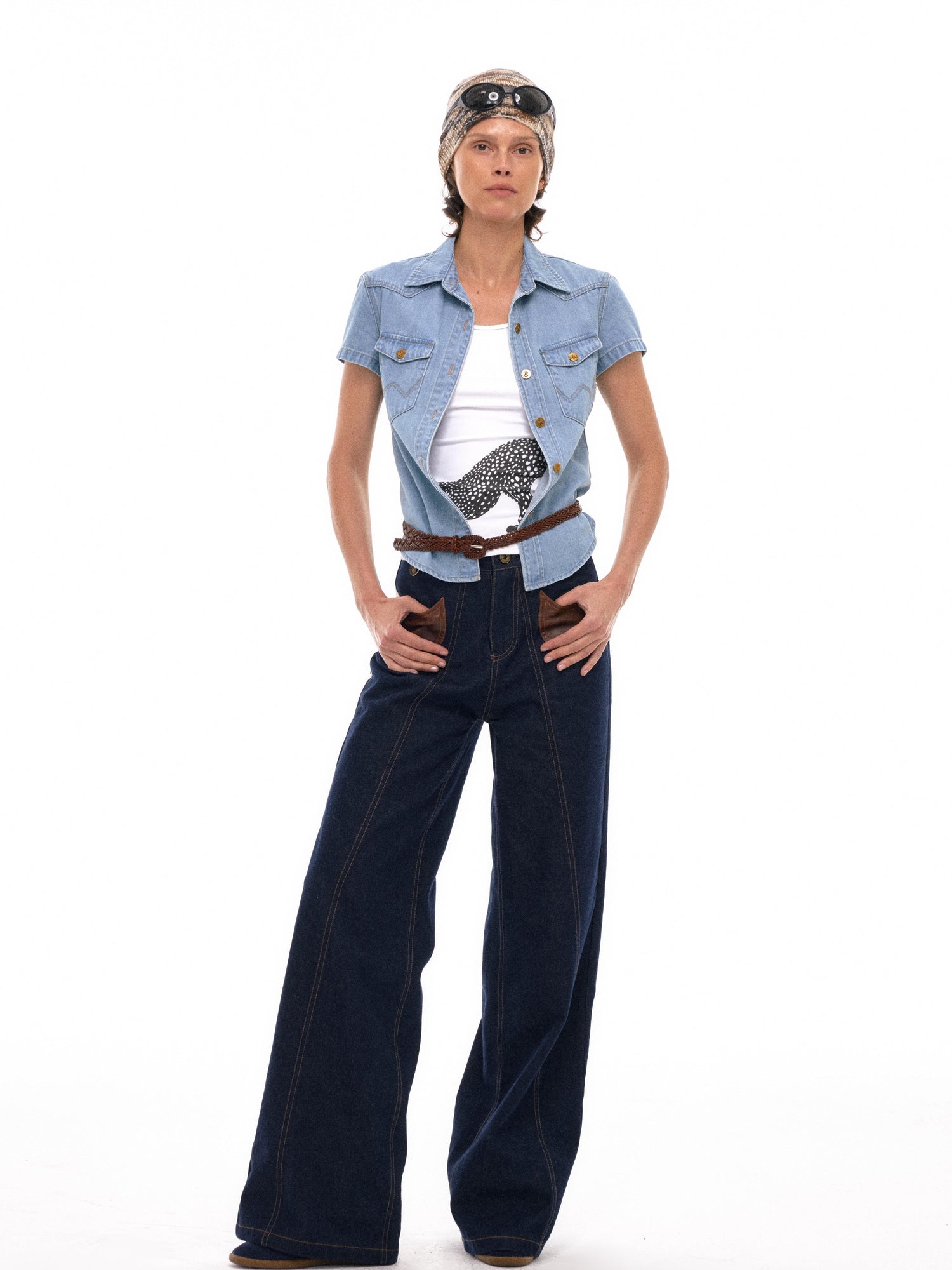 NyDkyel Western Denim With Asymmetrical Leather Patch Pockets And Teardrop Tab
