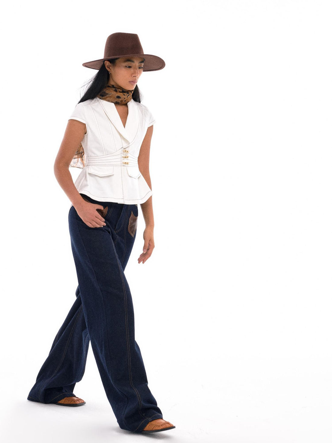 NyDkyel Western Denim With Asymmetrical Leather Patch Pockets And Teardrop Tab
