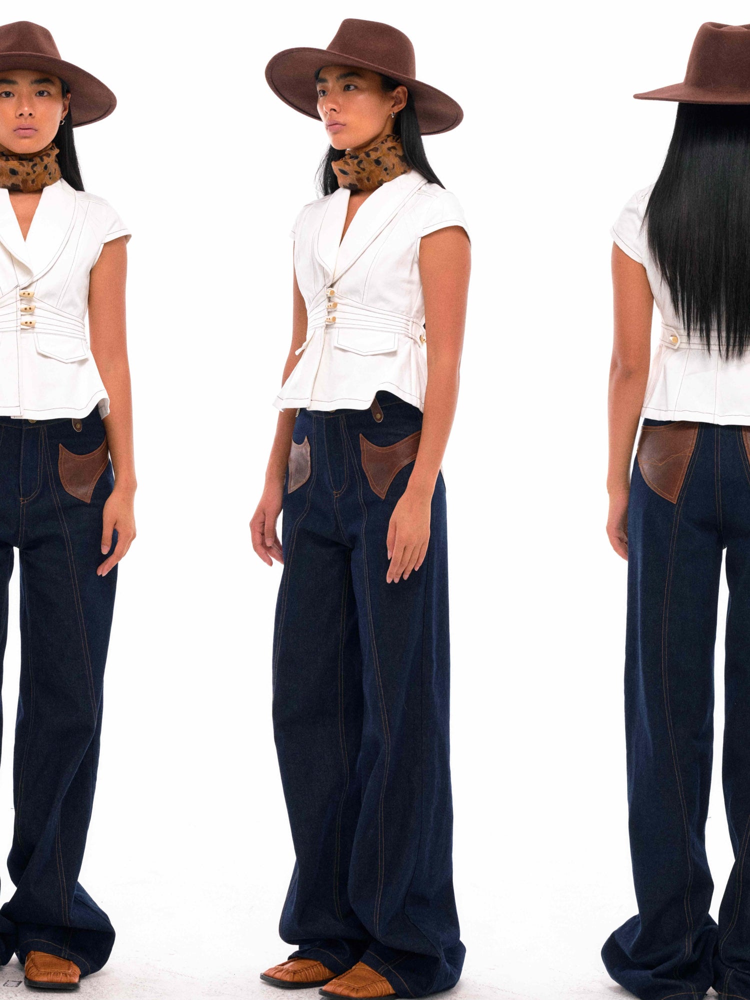 NyDkyel Western Denim With Asymmetrical Leather Patch Pockets And Teardrop Tab