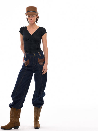 NyDkyel Western Denim With Asymmetrical Leather Patch Pockets And Teardrop Tab
