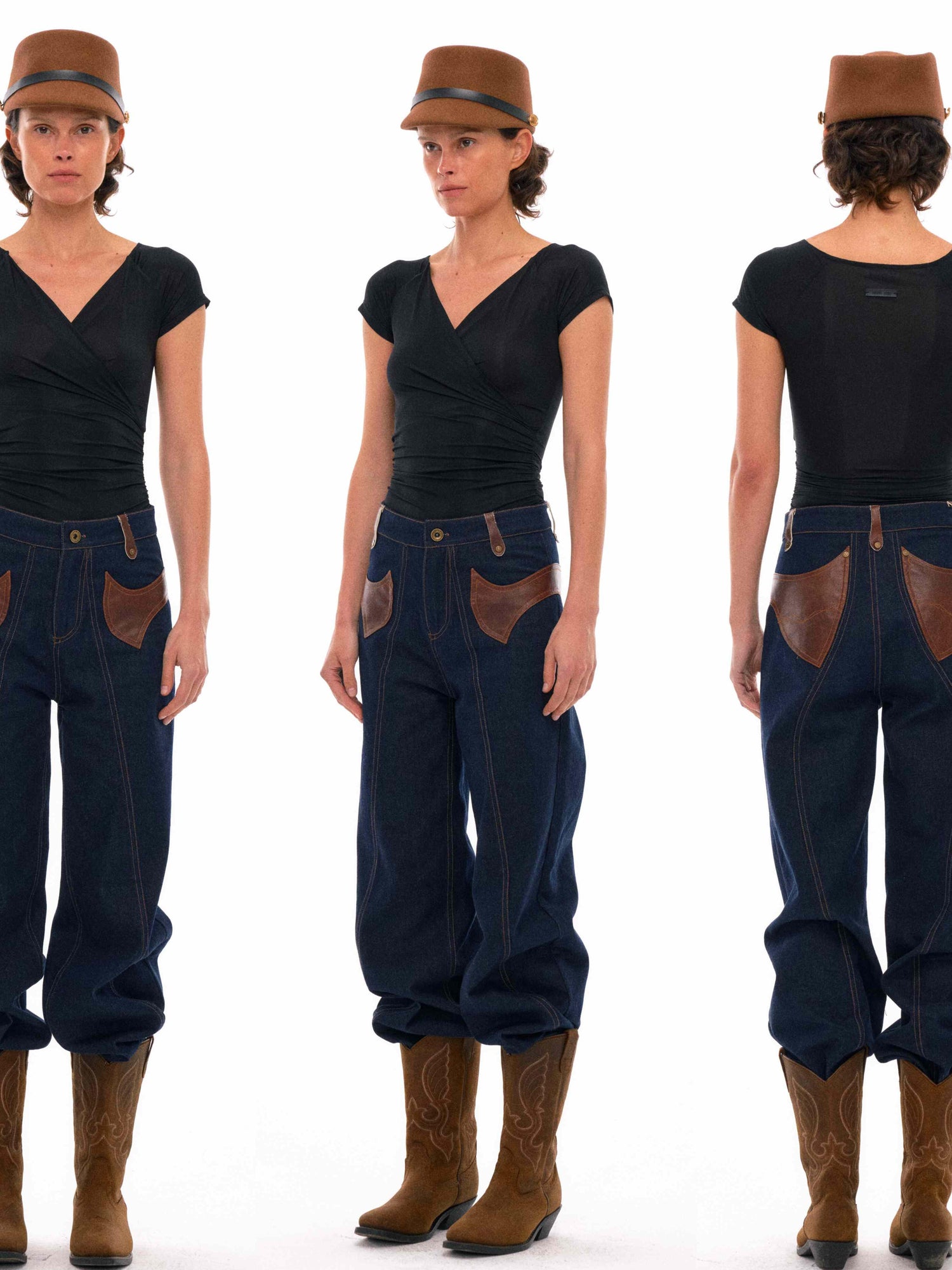 NyDkyel Western Denim With Asymmetrical Leather Patch Pockets And Teardrop Tab