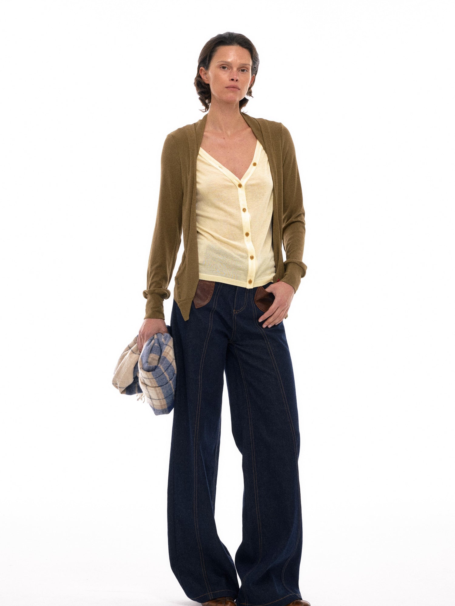 NyDkyel Western Denim With Asymmetrical Leather Patch Pockets And Teardrop Tab