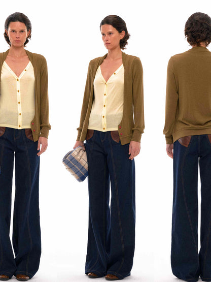 NyDkyel Western Denim With Asymmetrical Leather Patch Pockets And Teardrop Tab