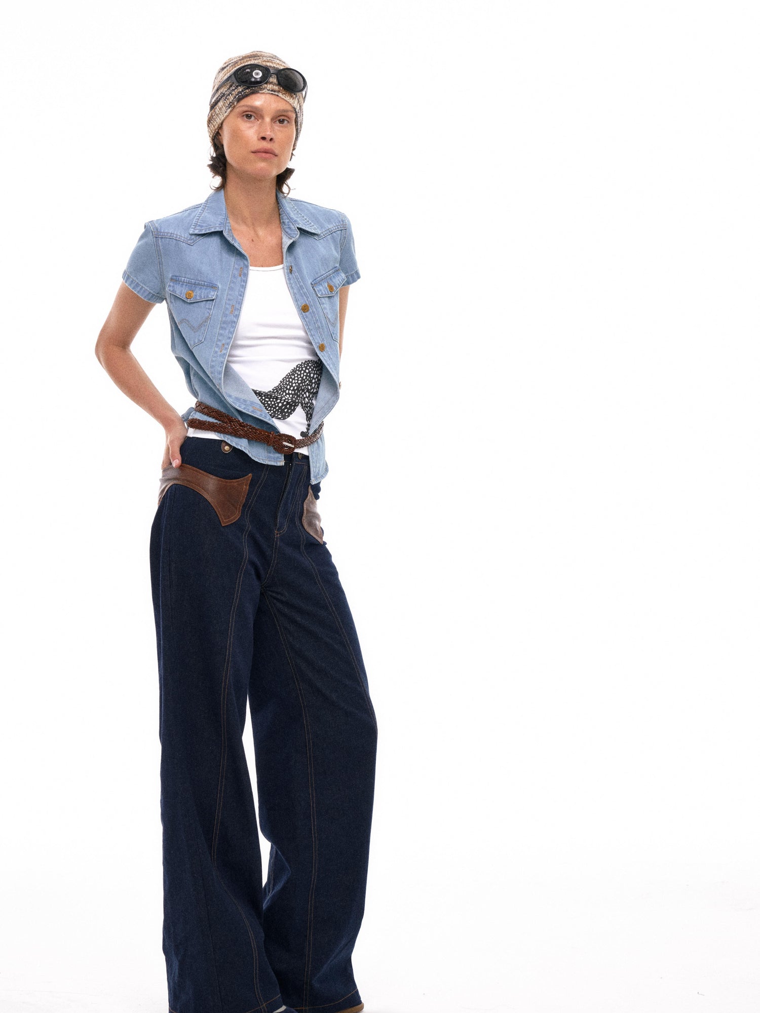 NyDkyel Western Denim With Asymmetrical Leather Patch Pockets And Teardrop Tab