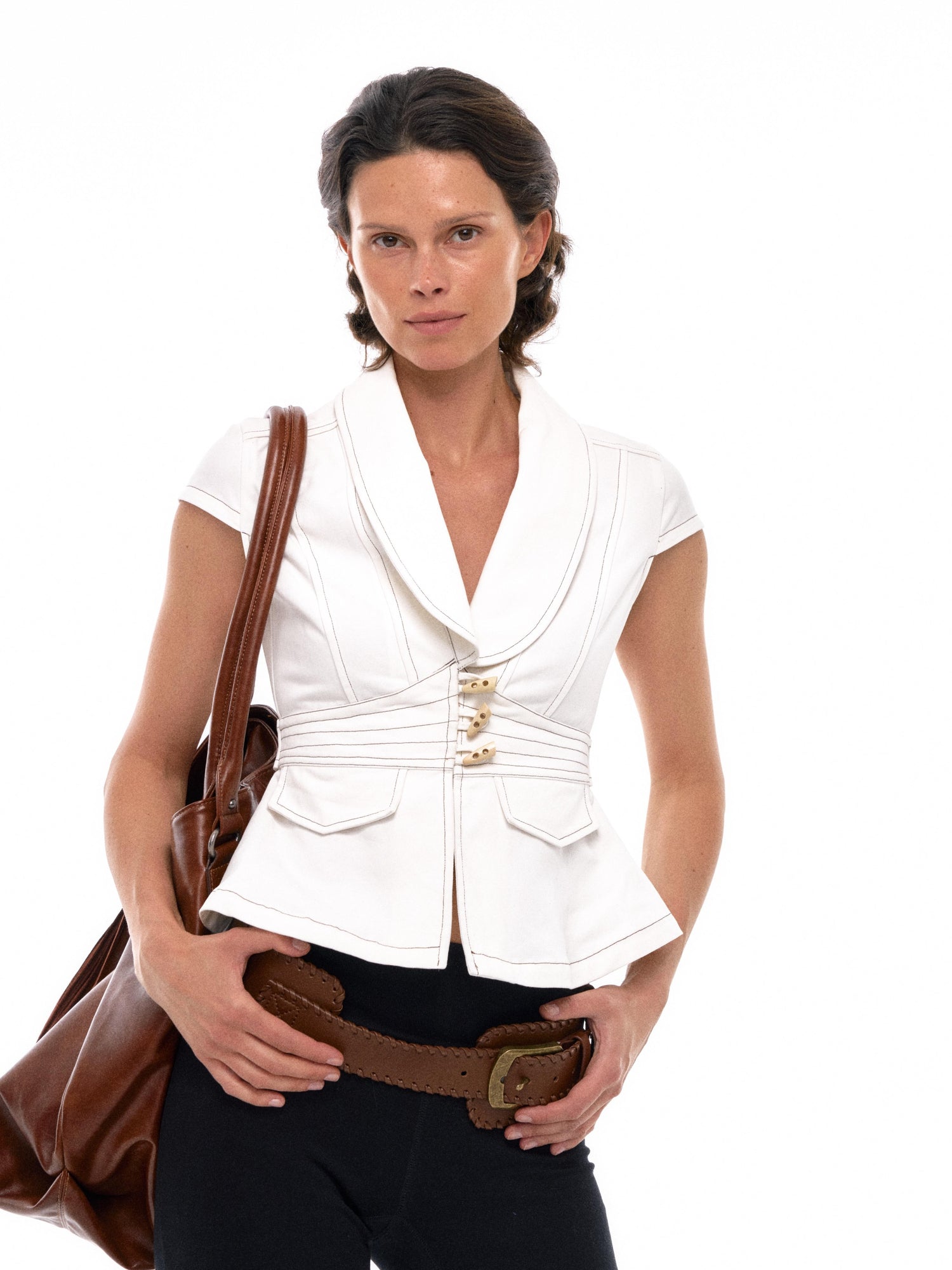 NyDkyel White Denim Shirt Jacket with Contrast Stitching and Wood Toggles