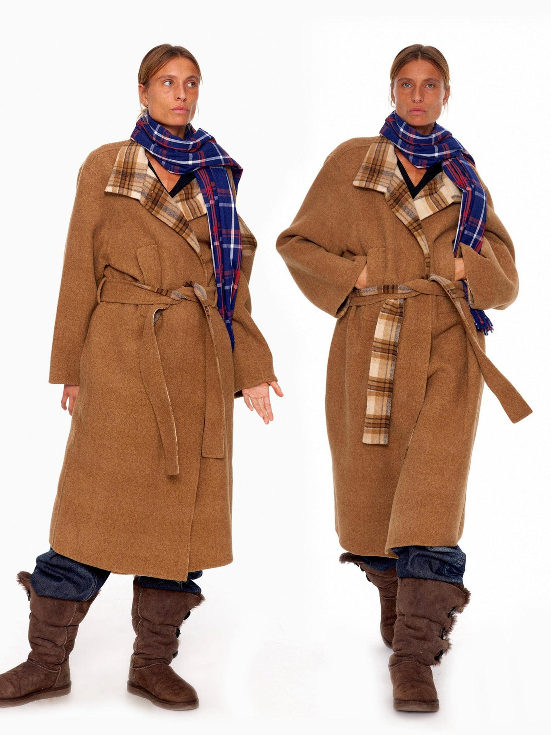 NyDkyel Wool Blend British Commuter Loose Fit Brown Plaid Long Tie Lapel Women Coat