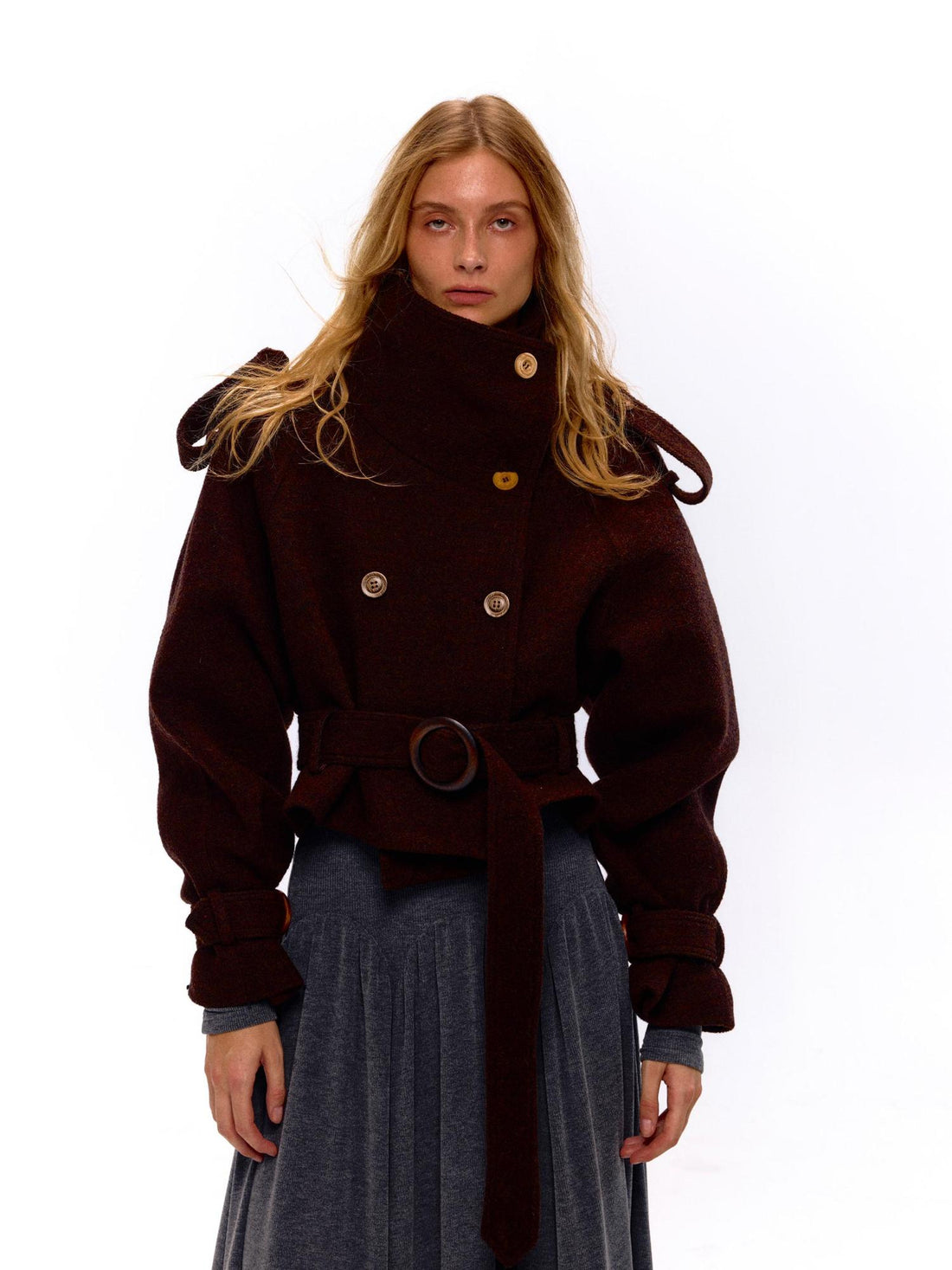 NyDkyel Wool Blend Button Front Belted Short Coat