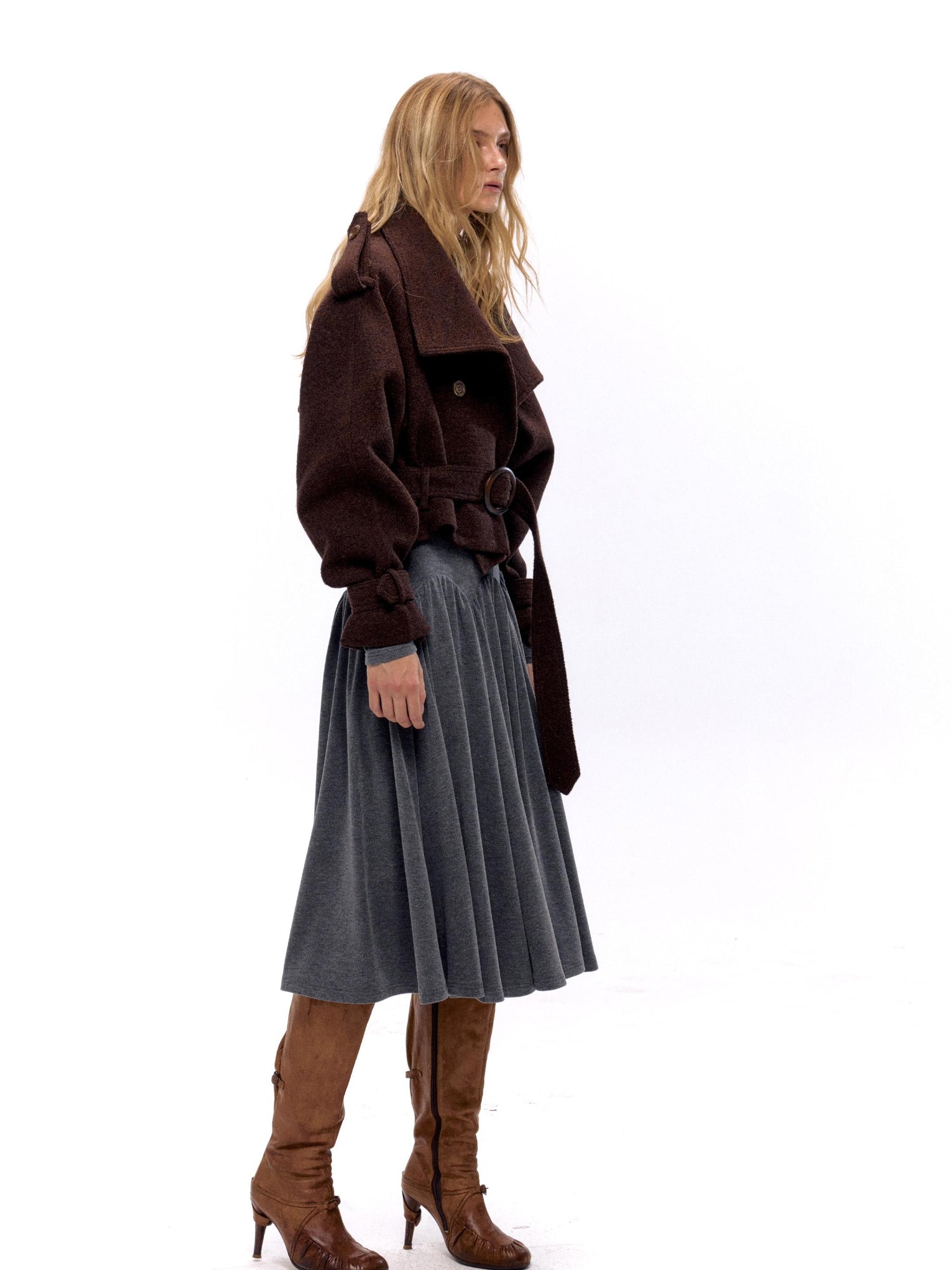 NyDkyel Wool Blend Button Front Belted Short Coat