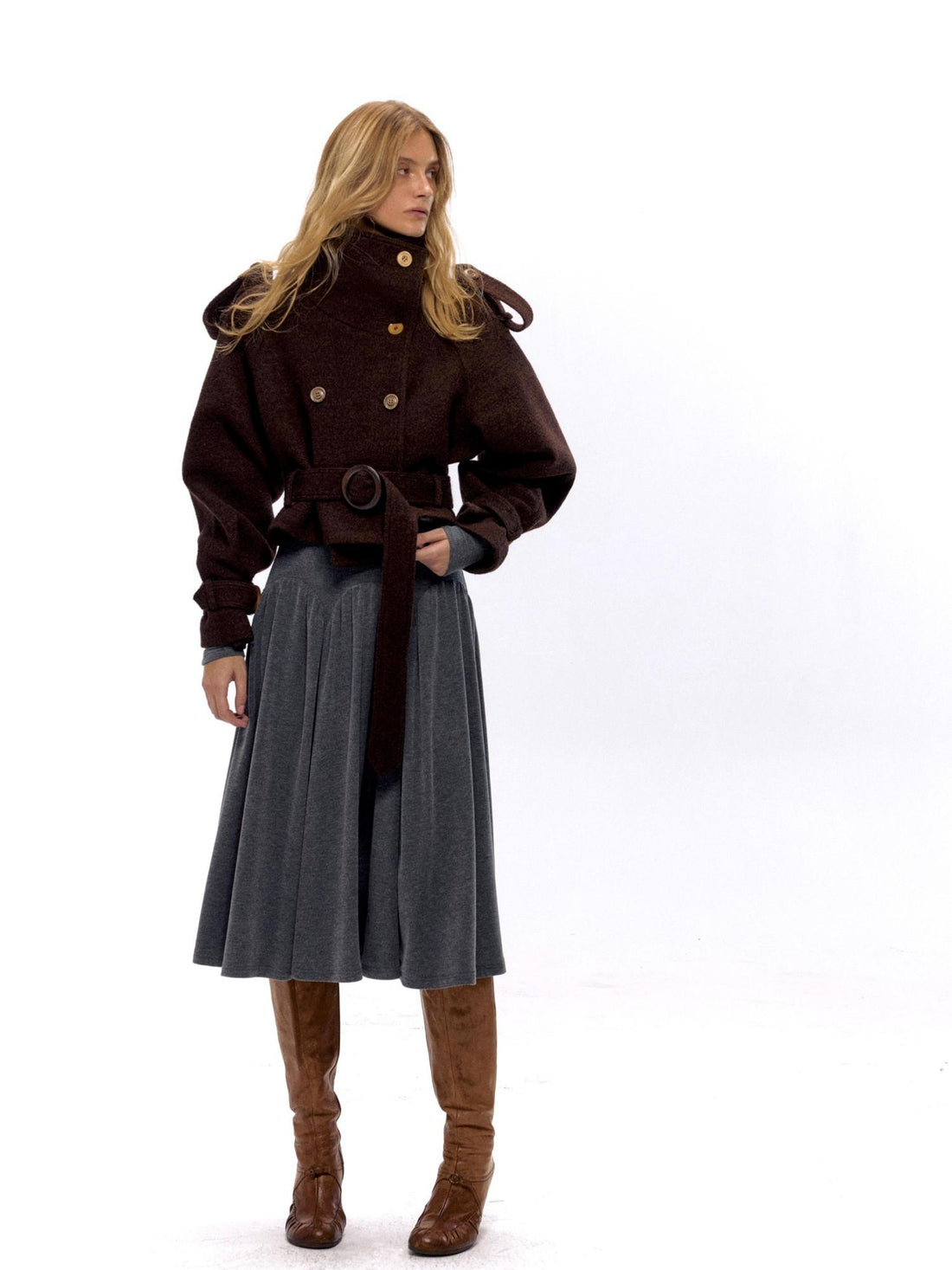 NyDkyel Wool Blend Button Front Belted Short Coat