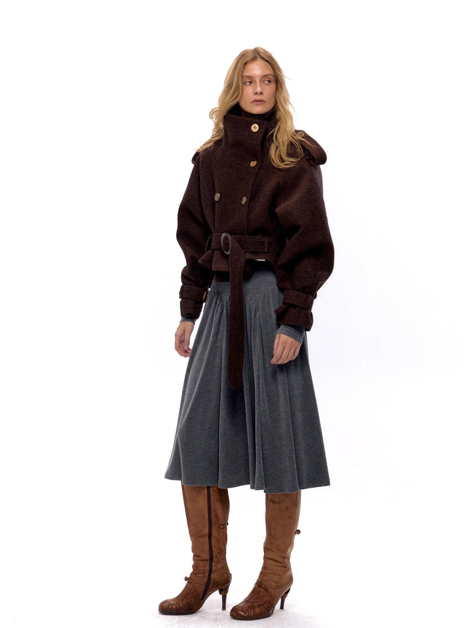 NyDkyel Wool Blend Button Front Belted Short Coat