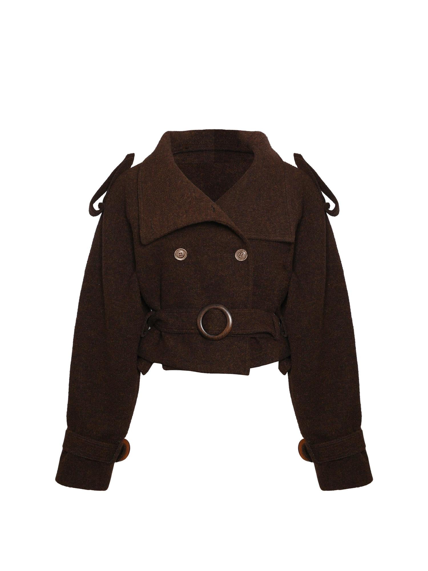 NyDkyel Wool Blend Button Front Belted Short Coat