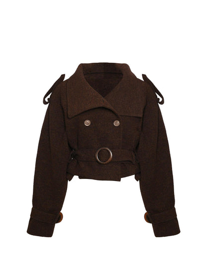 NyDkyel Wool Blend Button Front Belted Short Coat